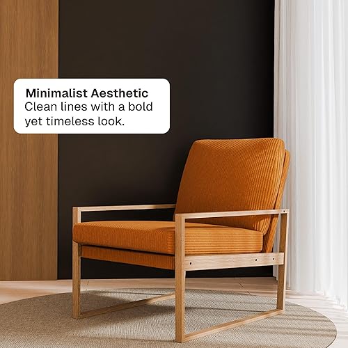 Miniatura 3 de BELLEZE Juego de 2 sillas decorativas modernas color amarillo mostaza, silla tapizada de pana de mediados de siglo, sillón con marco de madera para