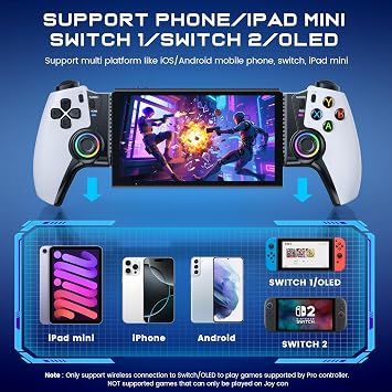 KICKDOT Wireless Phone Controller for iPhone/Android/iPad mini with Hall Joystick, LED Mobile Gaming Controller for iOS Support Xbox Cloud, Steam Link, GeForce Now, Arcade,Call of Duty, Roblox
