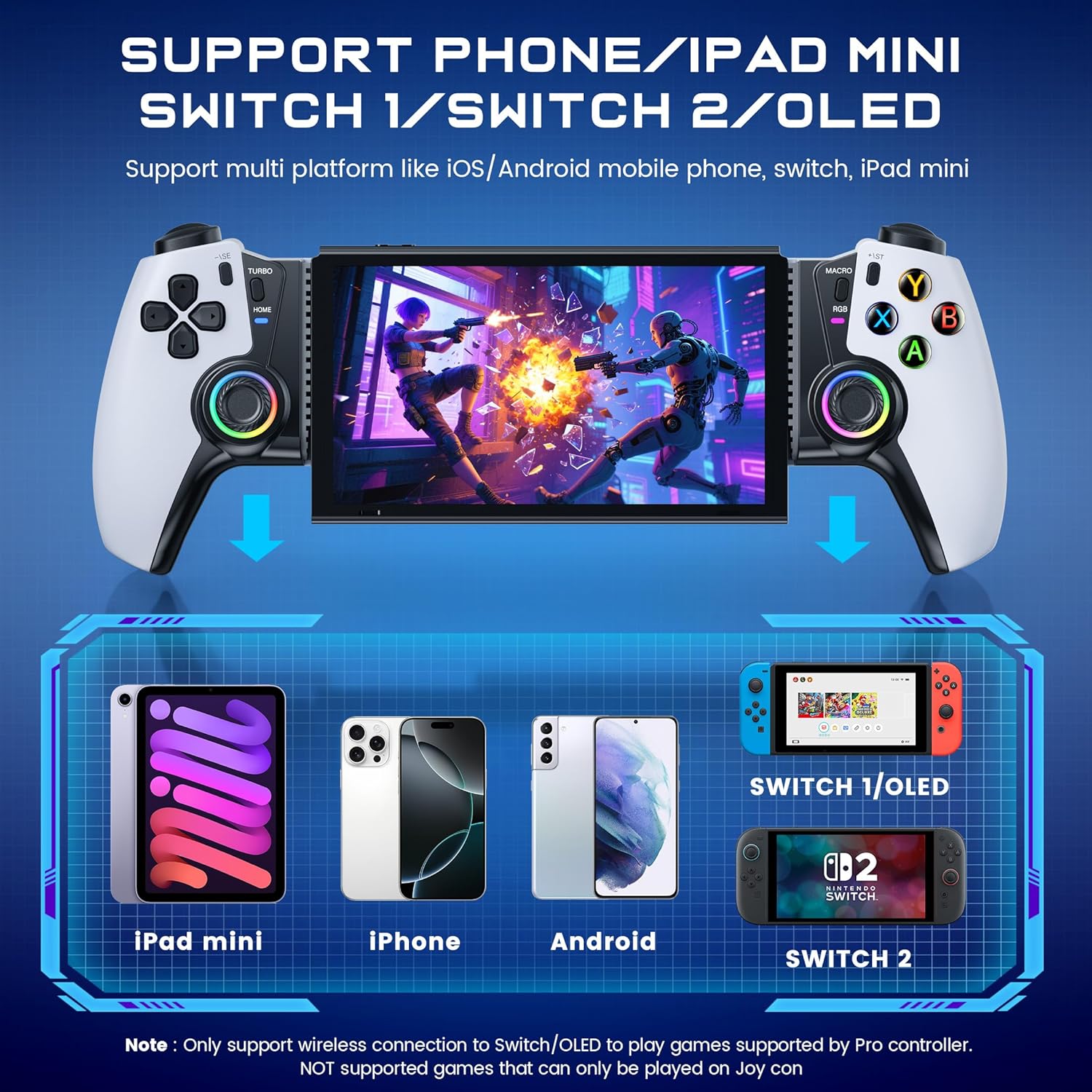 Wireless Phone Controller for iPhone/Android/Switch 1/2/OLED/iPad Mini With Hall Joystick, LED Mobile Gaming Controller for iOS Support Xbox, Steam Link, GeForce Now, Arcade,Call of Duty, Roblox