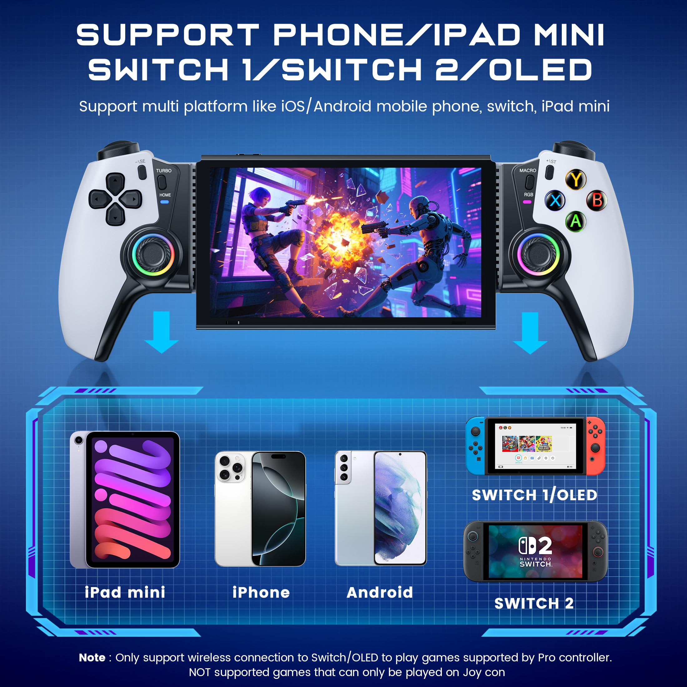 KICKDOT Controller wireless per iPhone/Android/iPad mini con joystick Hall, controller di gioco mobile a LED per iOS Supporto Xbox Cloud, Steam Link, GeForce Now, Arcade, Call of Duty, Roblox