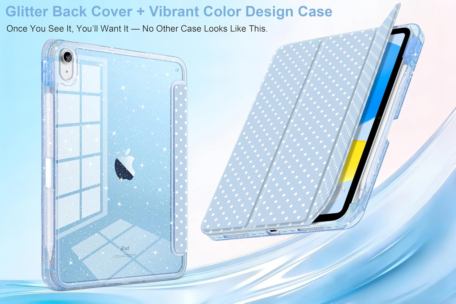 MEEgoodo Case for iPad A16 11th Generation 2025/10th Generation 2022, Glitter Tablet Cases with Transparent Acrylic Back+Trifold Stand +Pencil Holder+Auto Wake/Sleep,Blue & Polka Dots