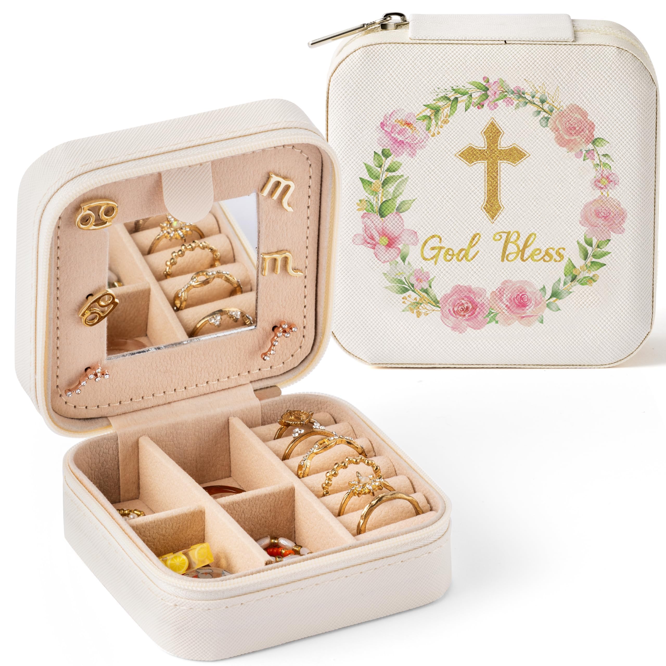 Belanttega God Bless Jewelry Box for Women Girls - Summer First Communion Gifts Cross Floral Portable Travel Jewelry Case Pink Gold Small Jewel Organizer Box, Baptism Wedding Gift for Friend Bride