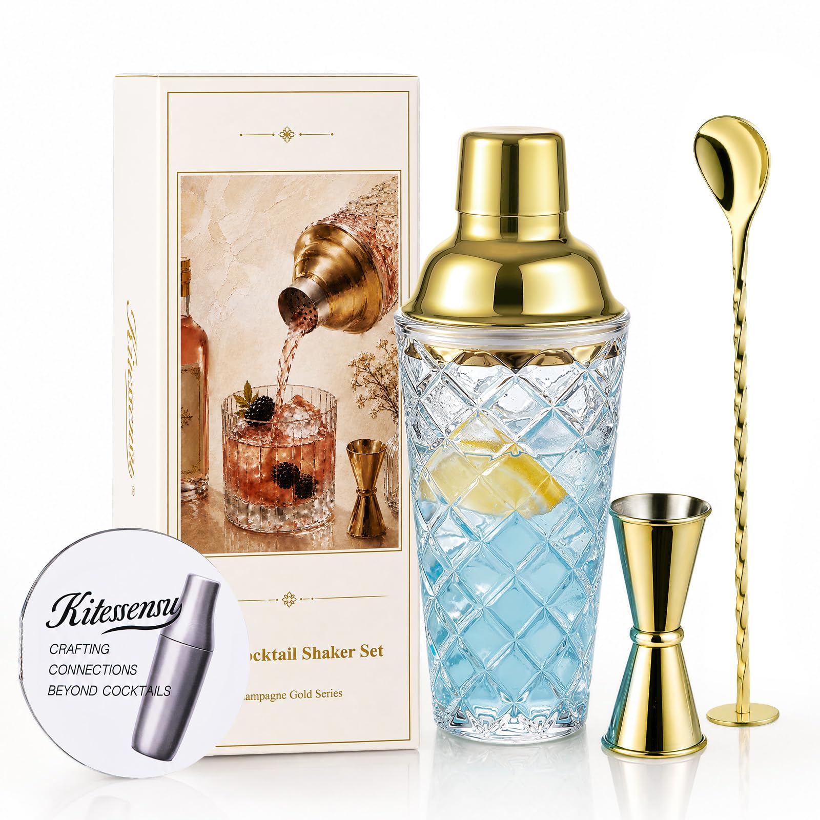 Photo 1 of Kitessensu 14oz Glass Cocktail Shaker Set, Champagne Gold