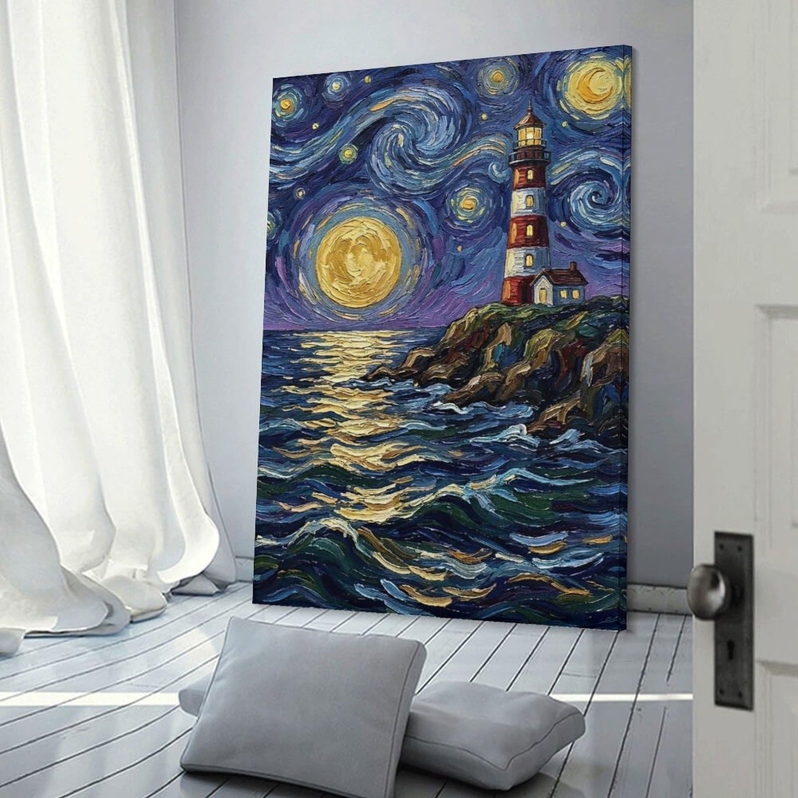 Junmoney Lighthouse Under Starry Night Sky Painting Canvas Wall Decor, 20x30inch(50x75cm), for Bedroom, Guest Room Or Reading Nook, Canvas Wall Decor for Personal Spaces