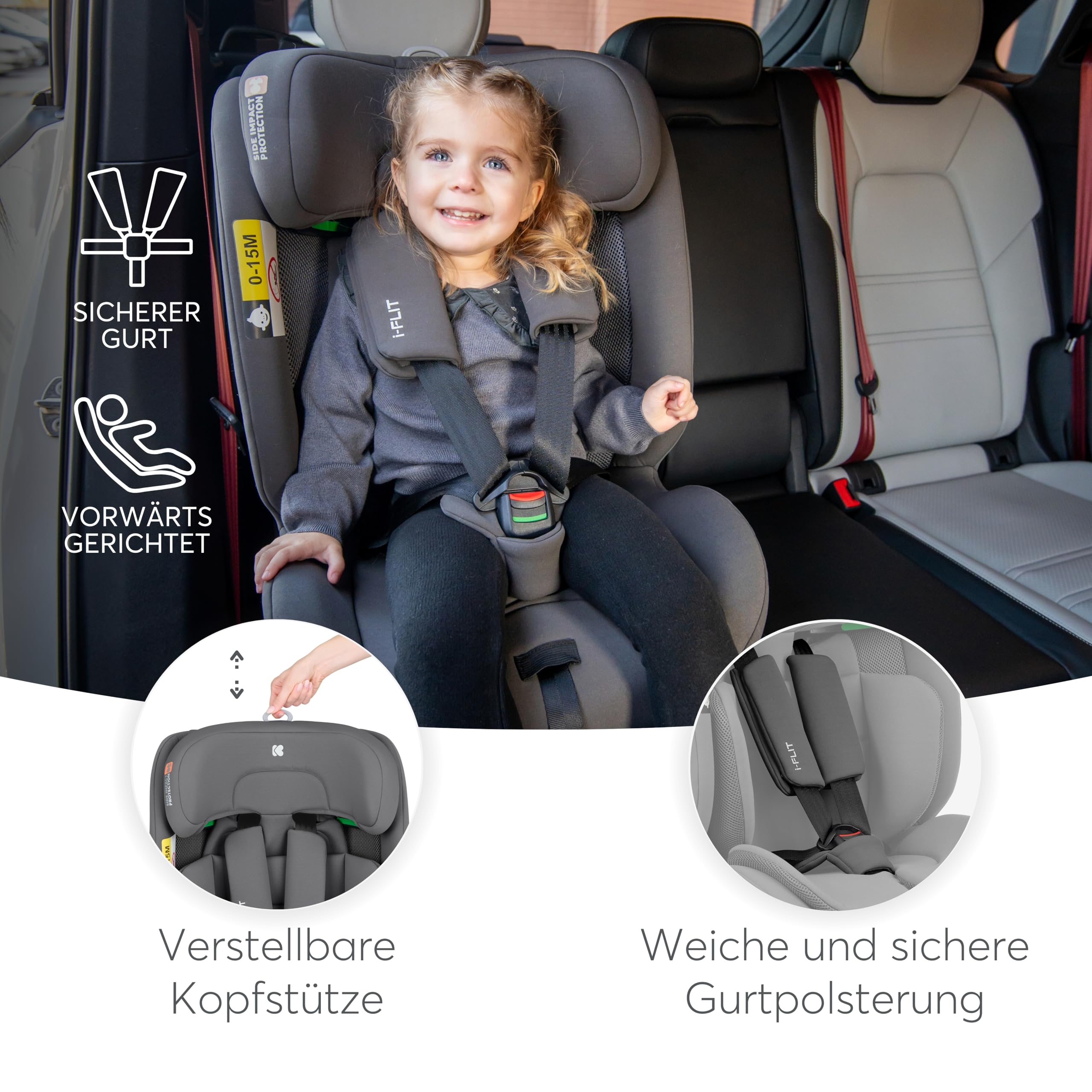 KikkaBoo i-Size i-­FLIT, Kindersitz 9-36 kg ISOFIX, Autokindersitz 76-150 cm, Gruppe 1/2/3, 15 Monate bis 12 Jahre, SPS Seitenschutz, Top Tether, Verstellbare Kopfstütze, Dunkelgrau