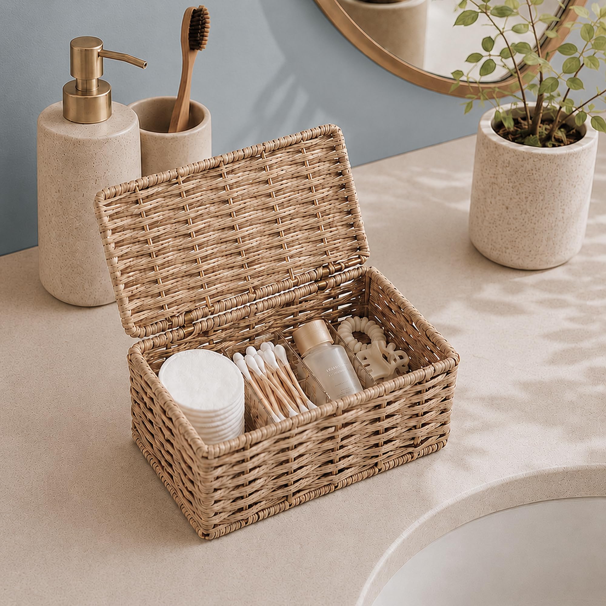 Habere India-All the Cultures Fabricating India Raffia Handwoven Storage Box with Lid | Multipurpose Basket for Desk, Wardrobe & Bathroom Storage | Decorative Organizer Box (D01: L18 x W11 x H10 cm)-image-49