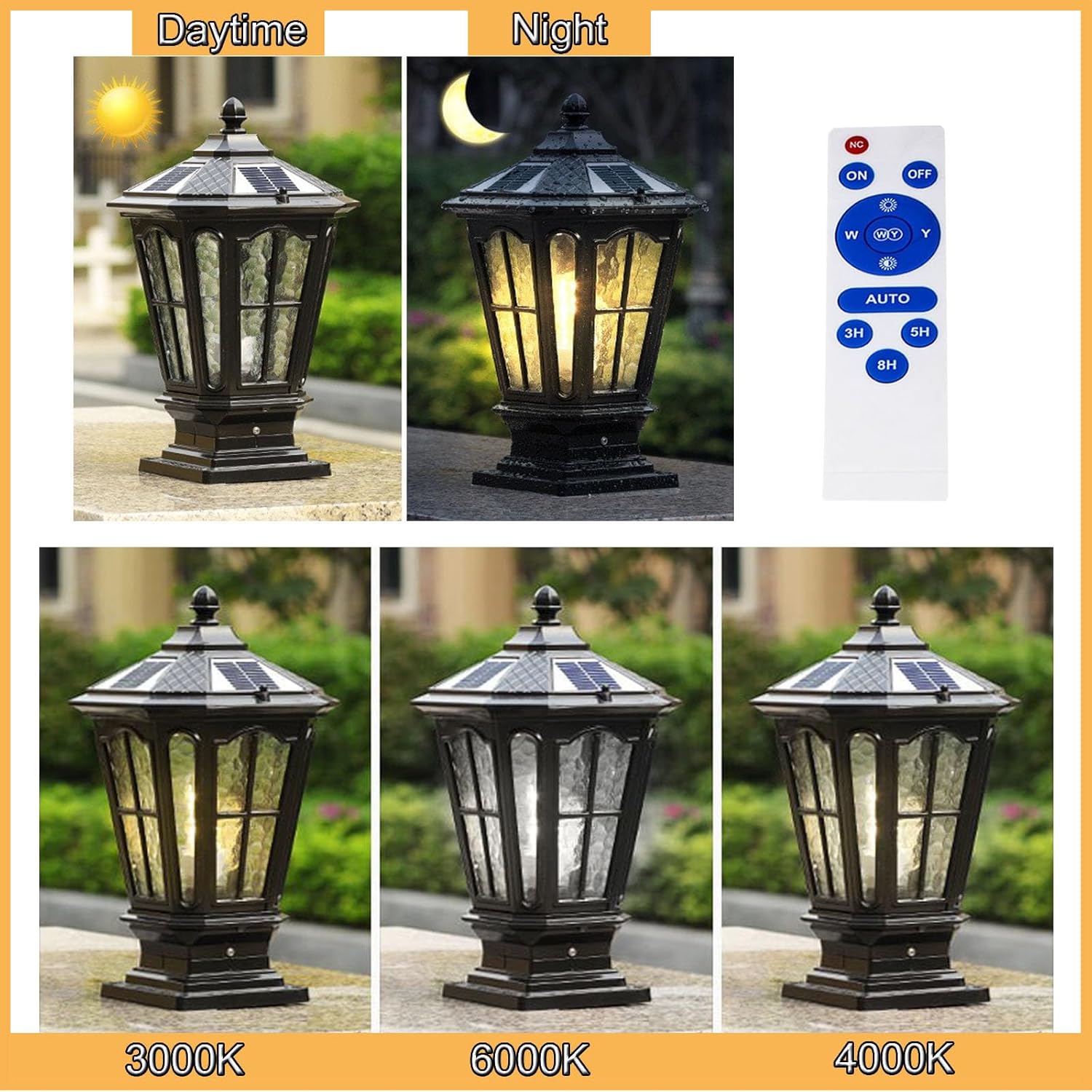 Solar Outdoor Post Lights,Outdoor Column Lights,Deck Lights,Solar Post Cap Lights,Solar lamp Post Light,with E26 IP54 Waterproof,Solar ＆ Hard Wired Dual Purpose (Solar, 17X9X6)