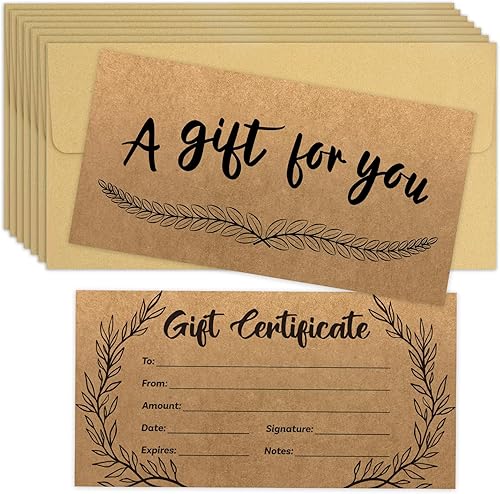 GIANTRUMP 48 tarjetas de certificado de papel kraft en blanco con 48 sobres para salones de negocios, restaurantes, spa, Navidad, cumpleaños, 3.5 x