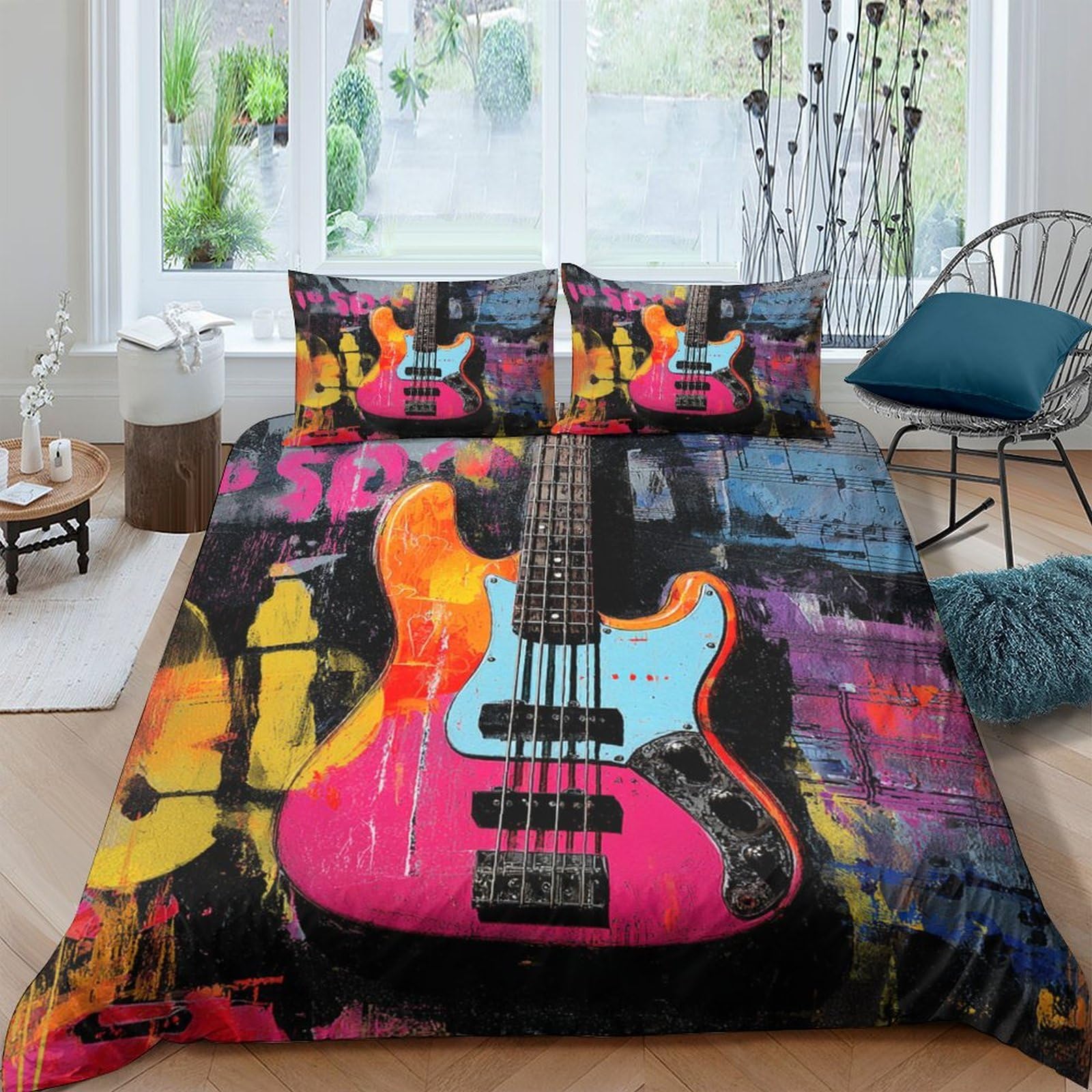 GPLZQXKJNH 3D Printed Electric Guitar Duvet Cover Microfiber Soft Breathable Graffiti Bedding Set with 2 Pillowcases for Bedroom Decor Single（135x200cm）