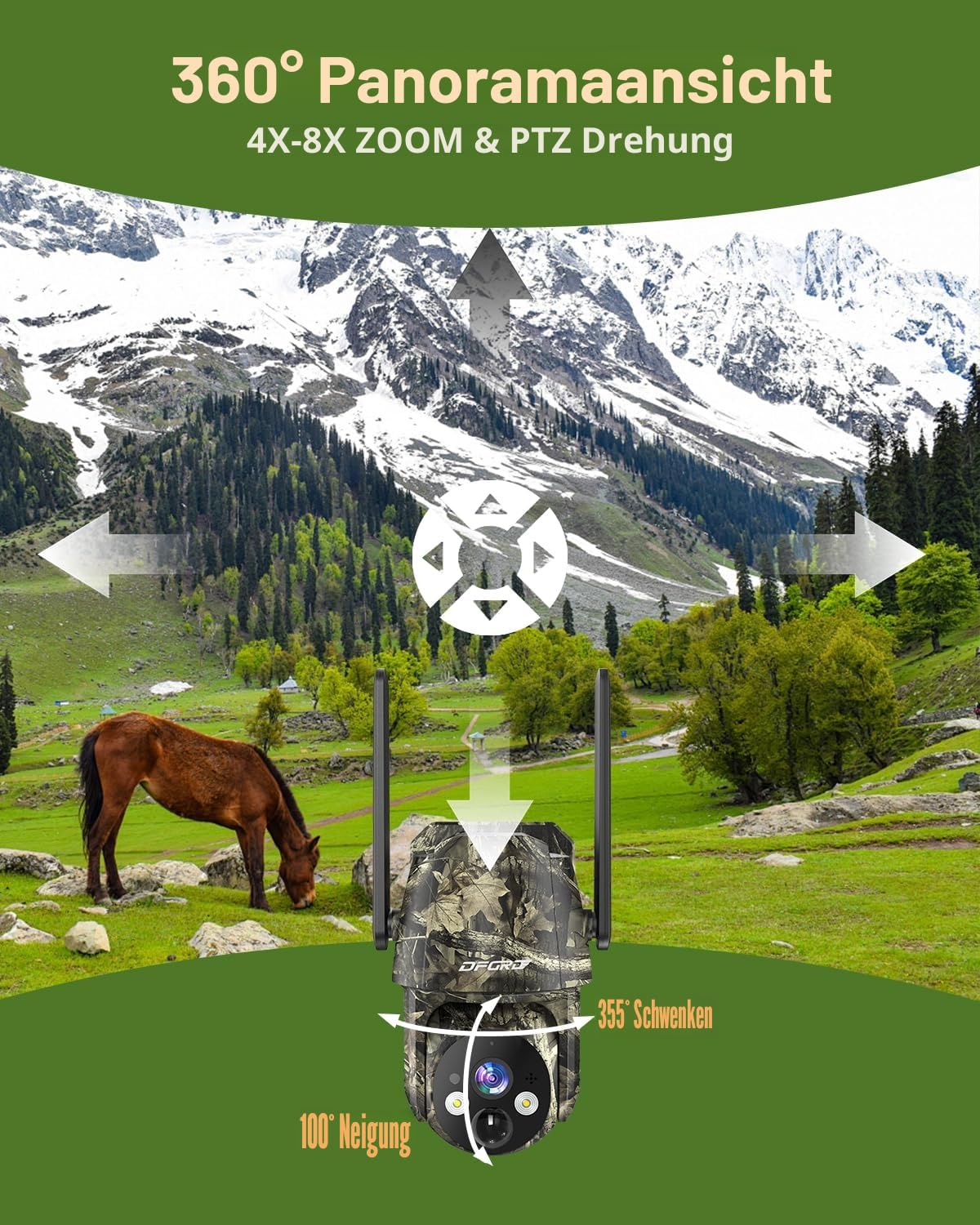 LTE Solar Wildkamera mit Bewegungsmelder, 2K Kabellos Überwachungskamera Aussen mit Handyübertragung App, PTZ Wildtierkamera mit SIM, 10400mAh Akku, Nachtsicht, IP66