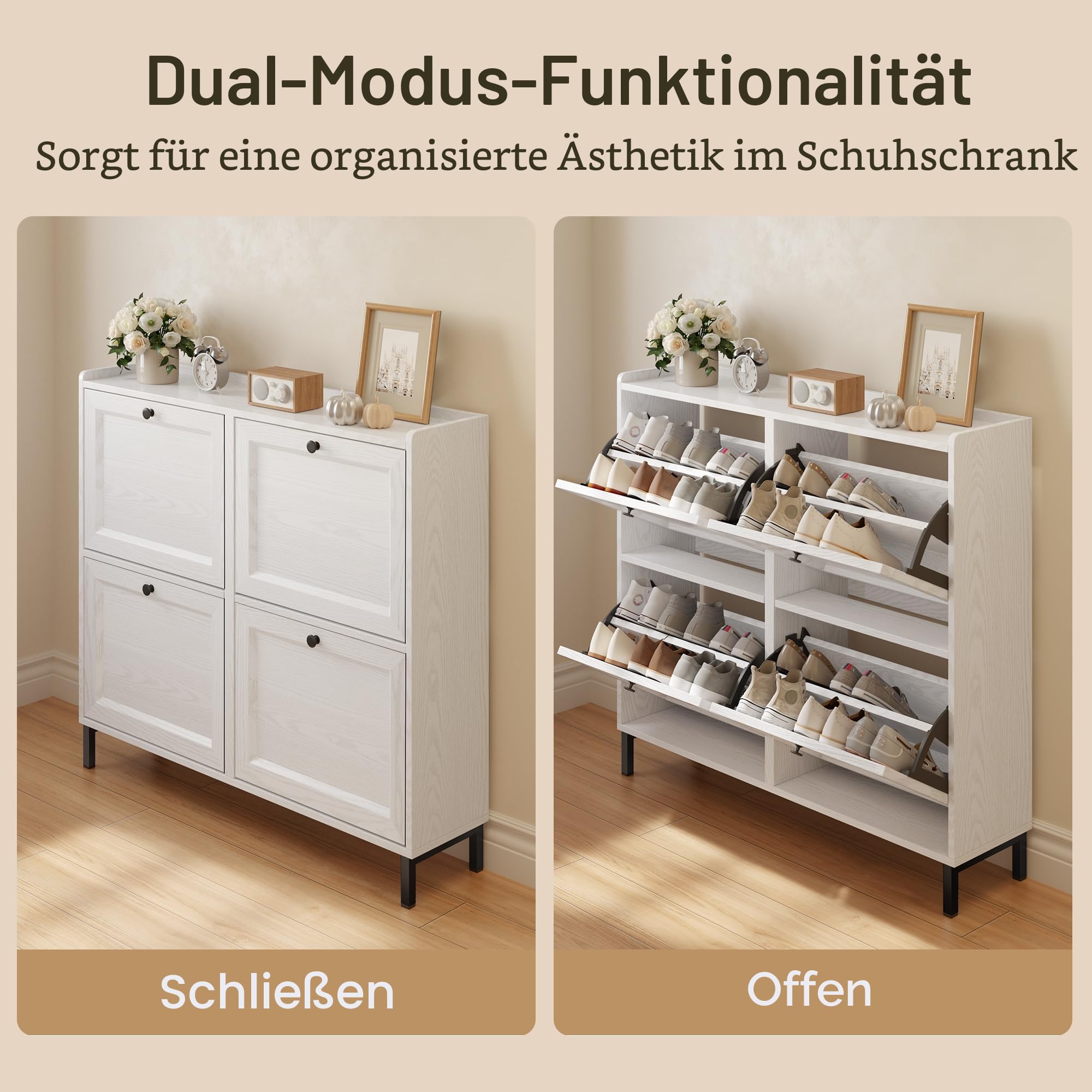Bealife Schuhschrank mit 4 Klappen – dünner und moderner Schuhschrank mit eingezäunter Decke, Stauraum für Eingang/Flur, 99 x 24 x 91 cm, Kapazität 16 Paar (weiß)