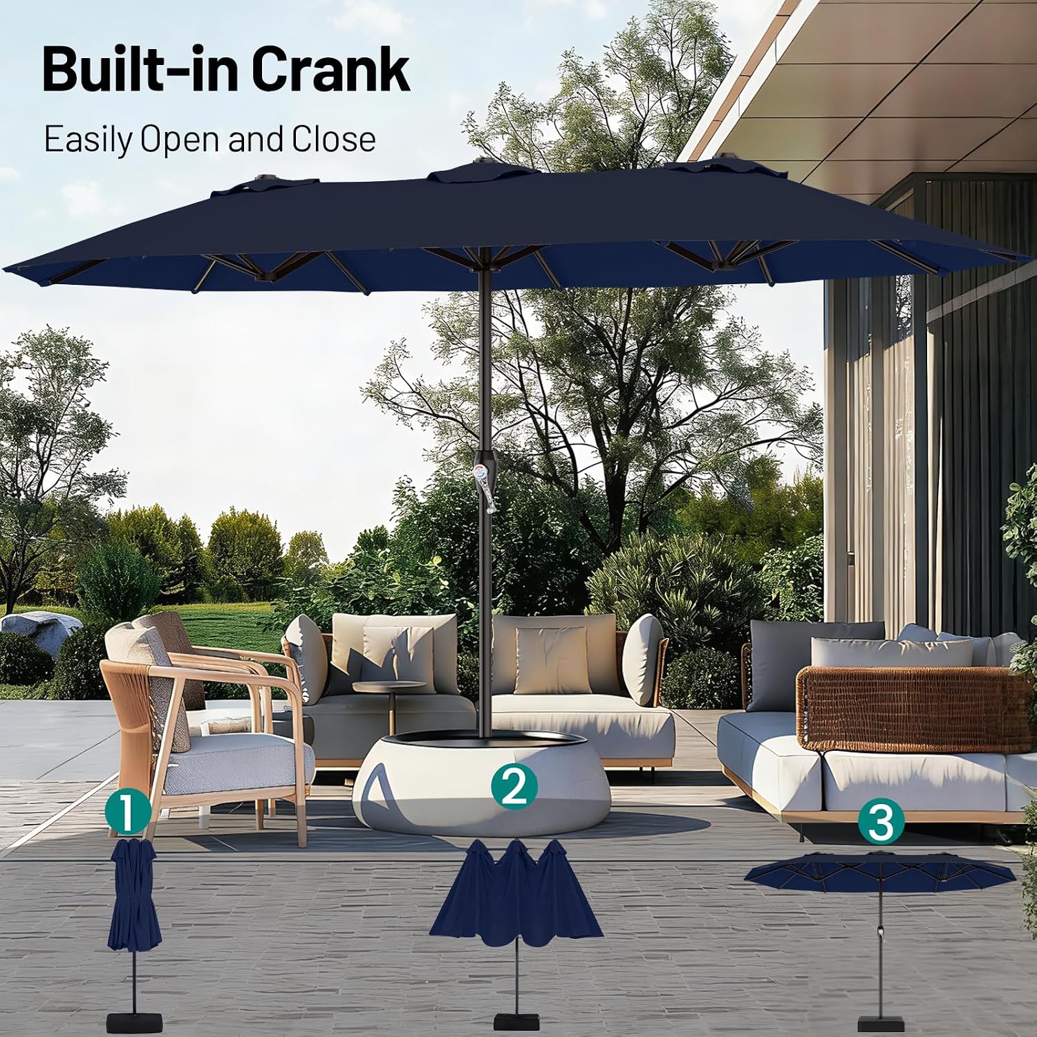 AreShark 15FT Outdoor Patio Umbrella with Crank, Large Rectangular Market Umbrella, Double-Sided Outdoor Umbrellas with Cross Base & Sandbag for Porch, Lawn, Pool, Backyard, Navy