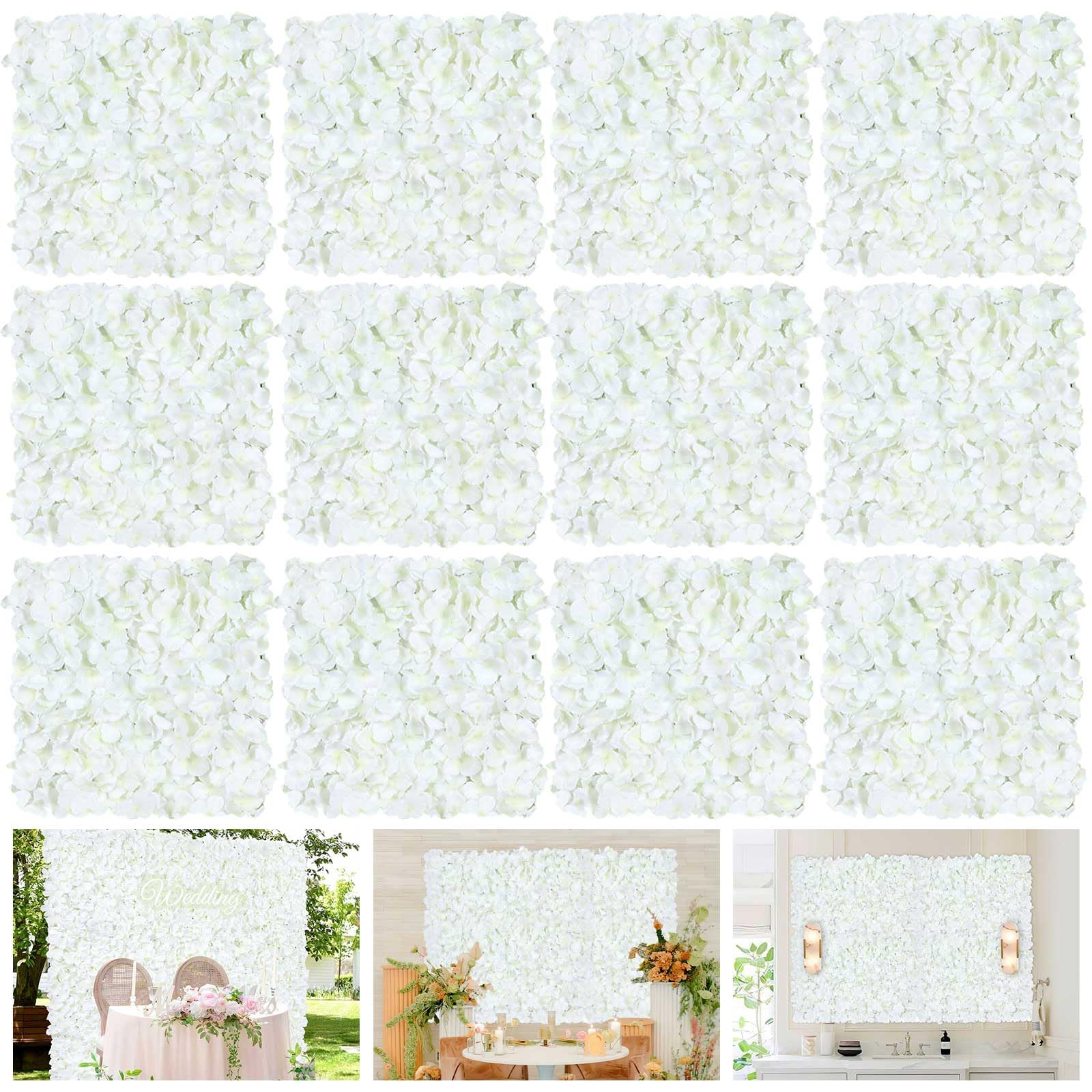 White Flower Wall Panels Backdrop with Green: Wedding Artificial Flower Wall Backdrop 3.75ft by 5ft Hydrangea Floral Wall for Anniversary Graduation