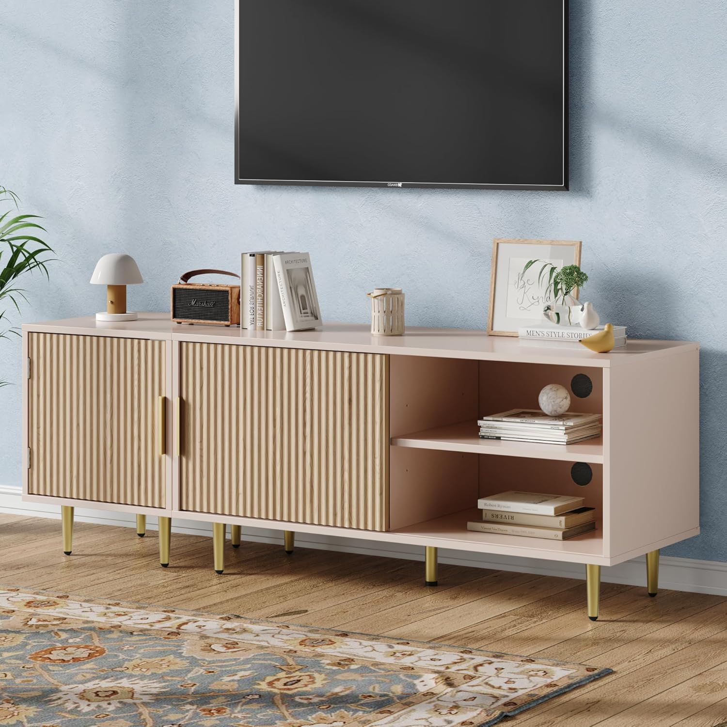Housoul Combined Modern TV Stand for 55/60/65 inch TV, Small Entertainment Center with Adjustable Shelf, TV Media Stand with Storage Cabinet, TV Console with Gold Legs for Living Room, Bedroom, Oak