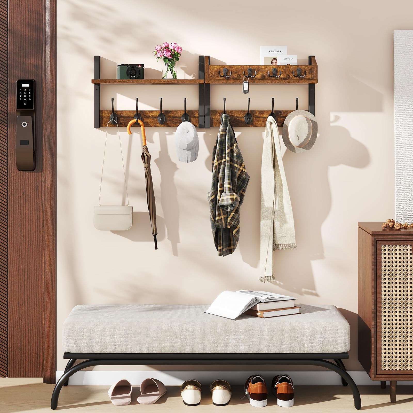 YMYNY 4 in 1 Appendiabiti da Parete con Mensola Design, Attaccapanni da Muro in Legno con 12 Ganci Moderno per Ingresso, Cameretta e Bagno, Marrone Rustico, HWS007H-2