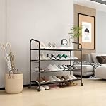 Metal Shoe Rack with Wheels, Non-Woven Fabric Shoe Shelf, Shoe Rack with Wheels, 4 Tiers Black, Suitable for Entryway, Garage