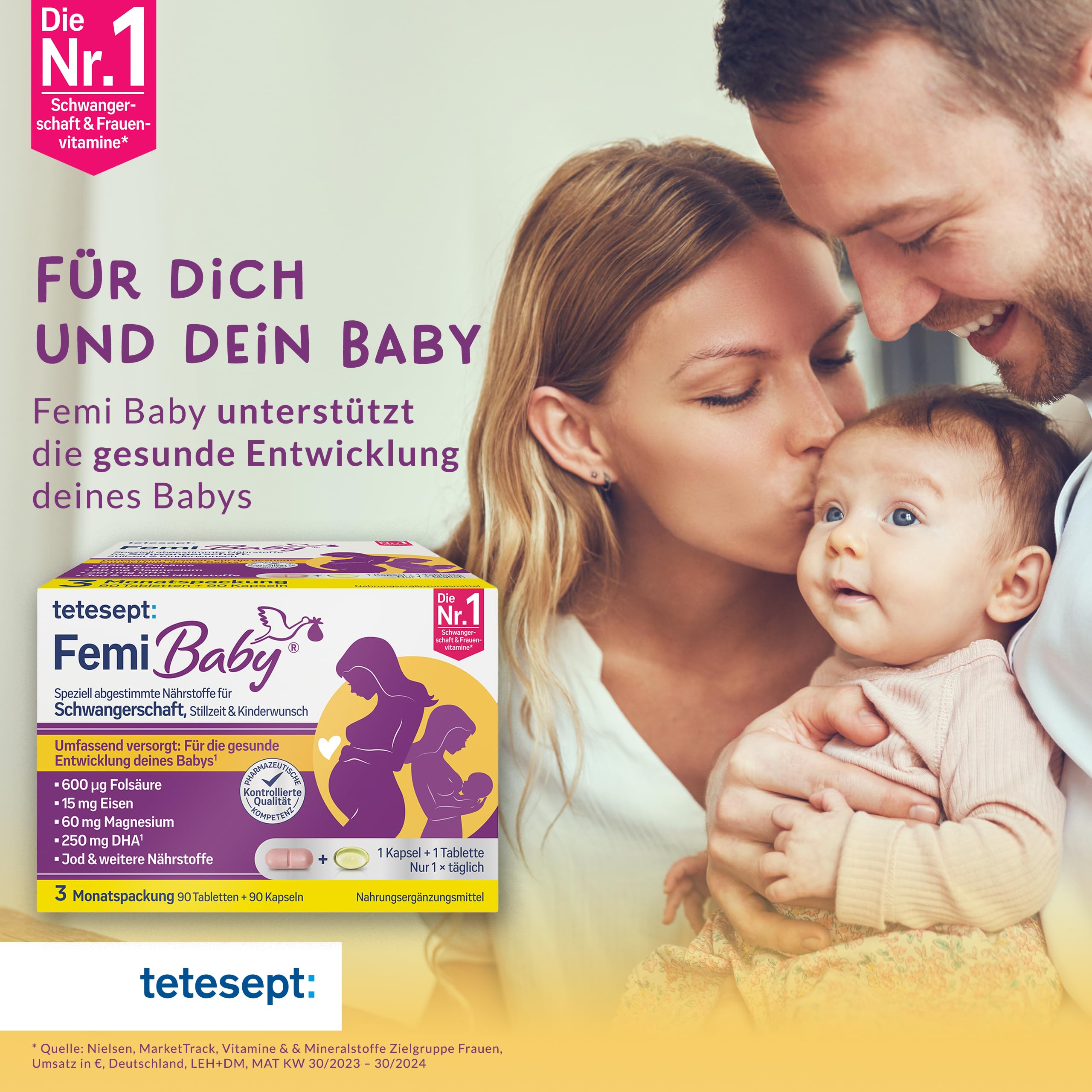 tetesept Femi Baby – 16 Nährstoffe für Kinderwunsch, Schwangerschaft & Stillzeit – mit Folsäure, Eisen, Jod + DHA – 1 x 3 Monatspackung à 90 Tabletten + 90 Kapseln – NEU