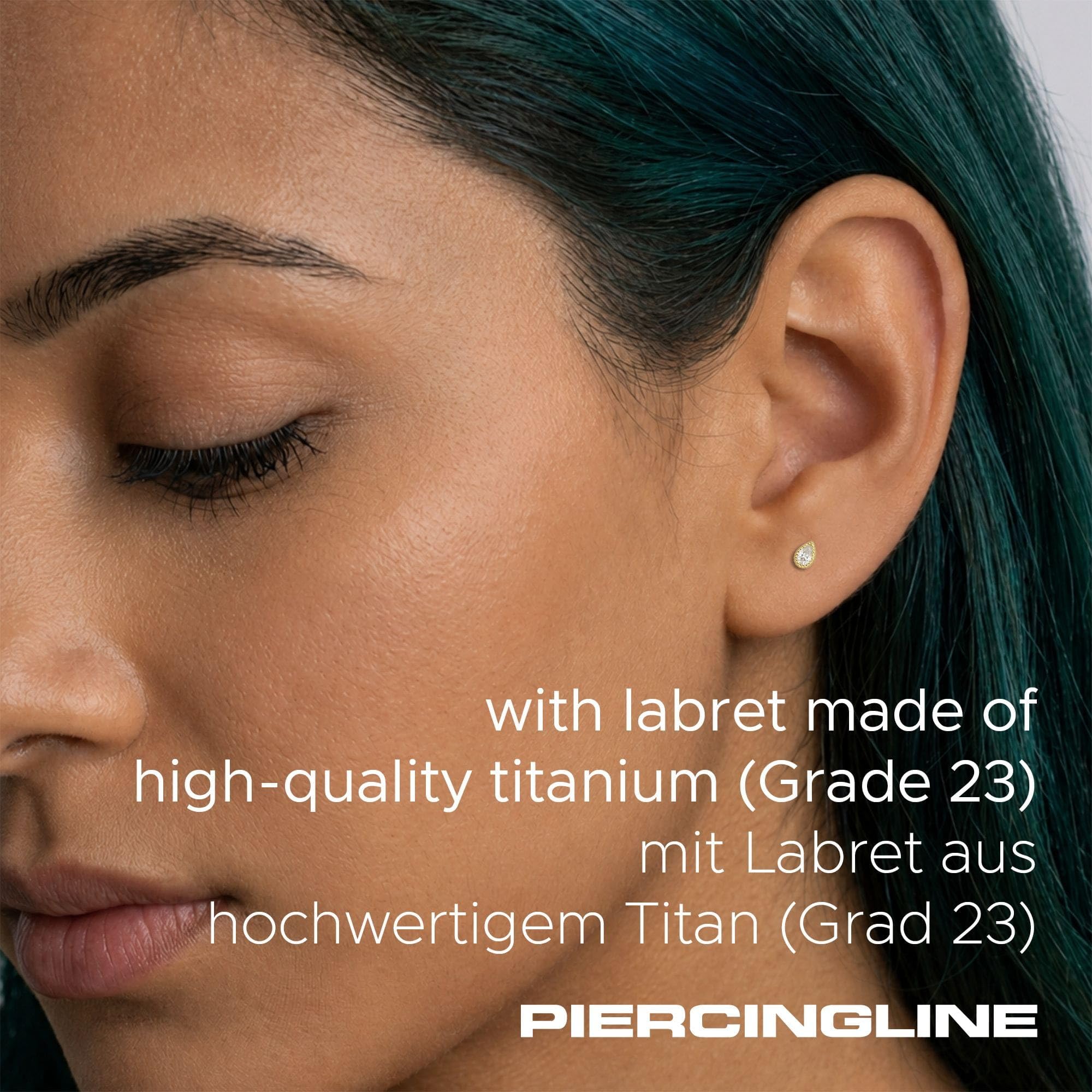 PIERCINGLINE Piercing Stecker Titan Labret mit Innengewinde + 925er Silber Aufsatz MOISSANIT-TROPFEN - Goldfarben, Silberfarben