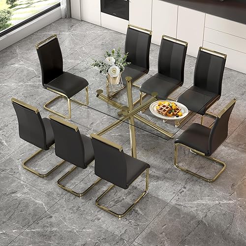 Miniatura 7 de Juego de 8 mesas de comedor de cristal, moderno juego de mesa de comedor de 71 pulgadas con 8 sillas de comedor tapizadas de piel sintética para