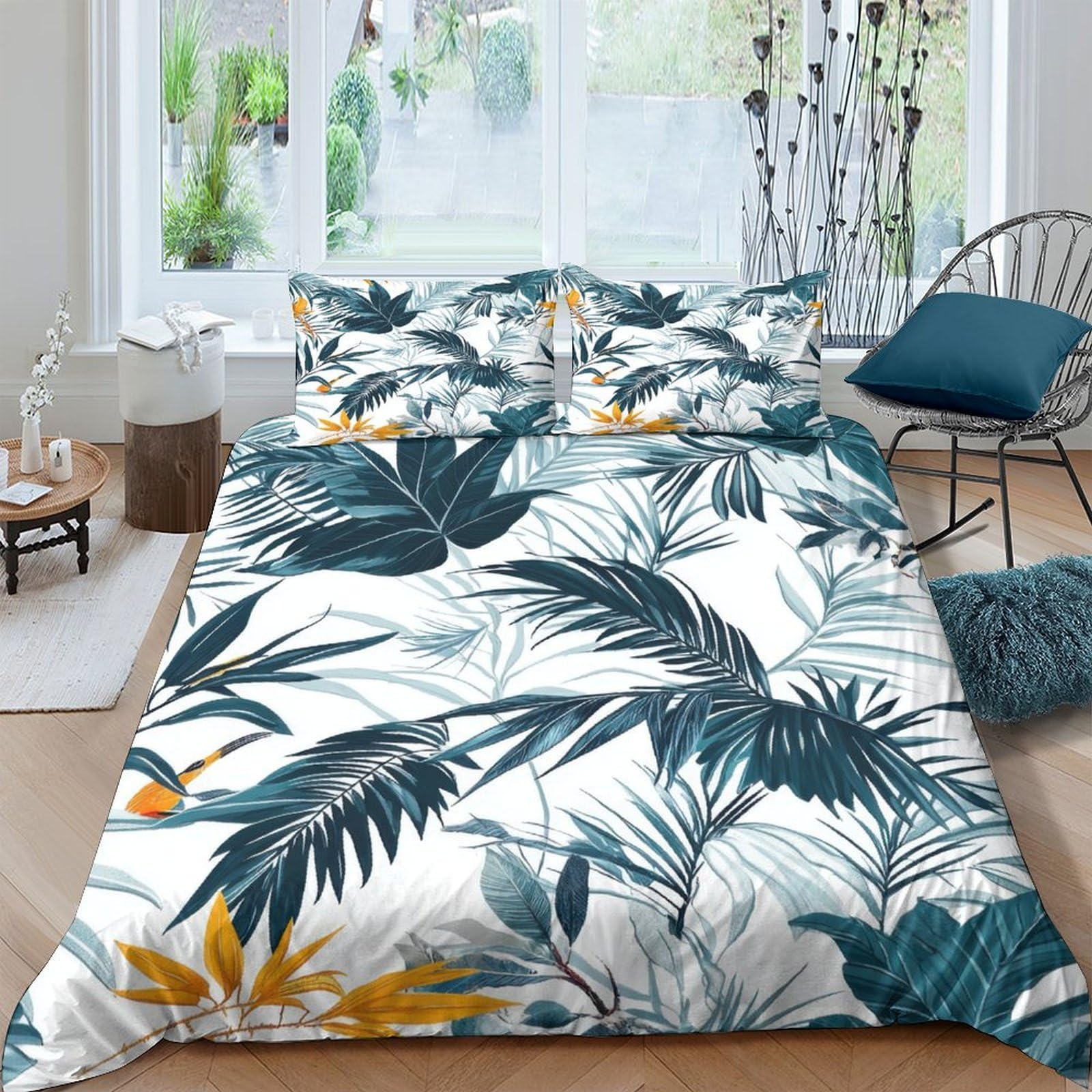 GPLZQXKJNH 3D Printed Tropical Leaf Duvet Cover Microfiber Soft Breathable Botanical Bedding Set with 2 Pillowcases for Bedroom Decor Single（135x200cm）