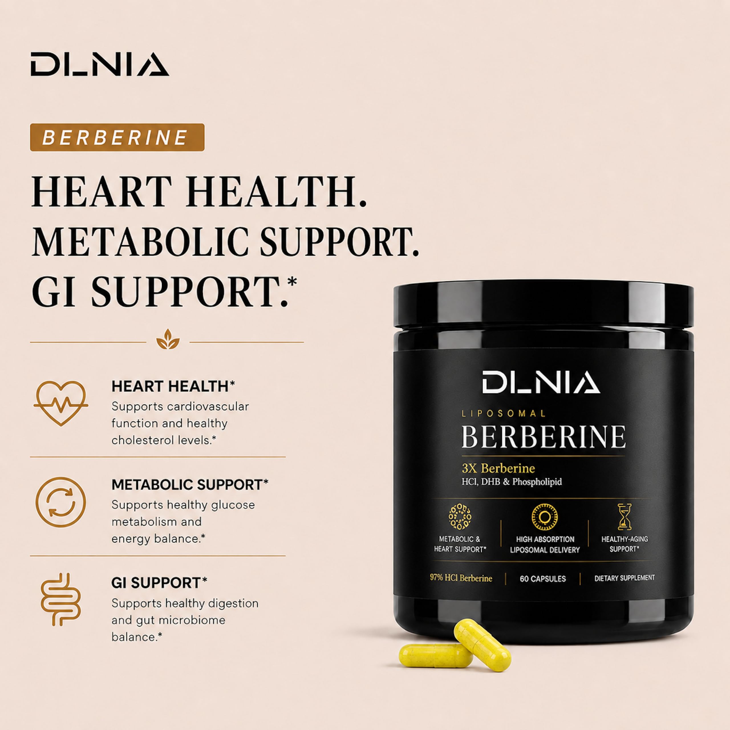 DLNIA Liposomal Berberine Supplement – 3X Strength Berberine Matrix with DHB, Phospholipids, CoQ10, ALA, Vitamin D3, Chromium, Cinnamon – Advanced GLP-1 & Metabolic Support – 60 Count — Amazon image 2