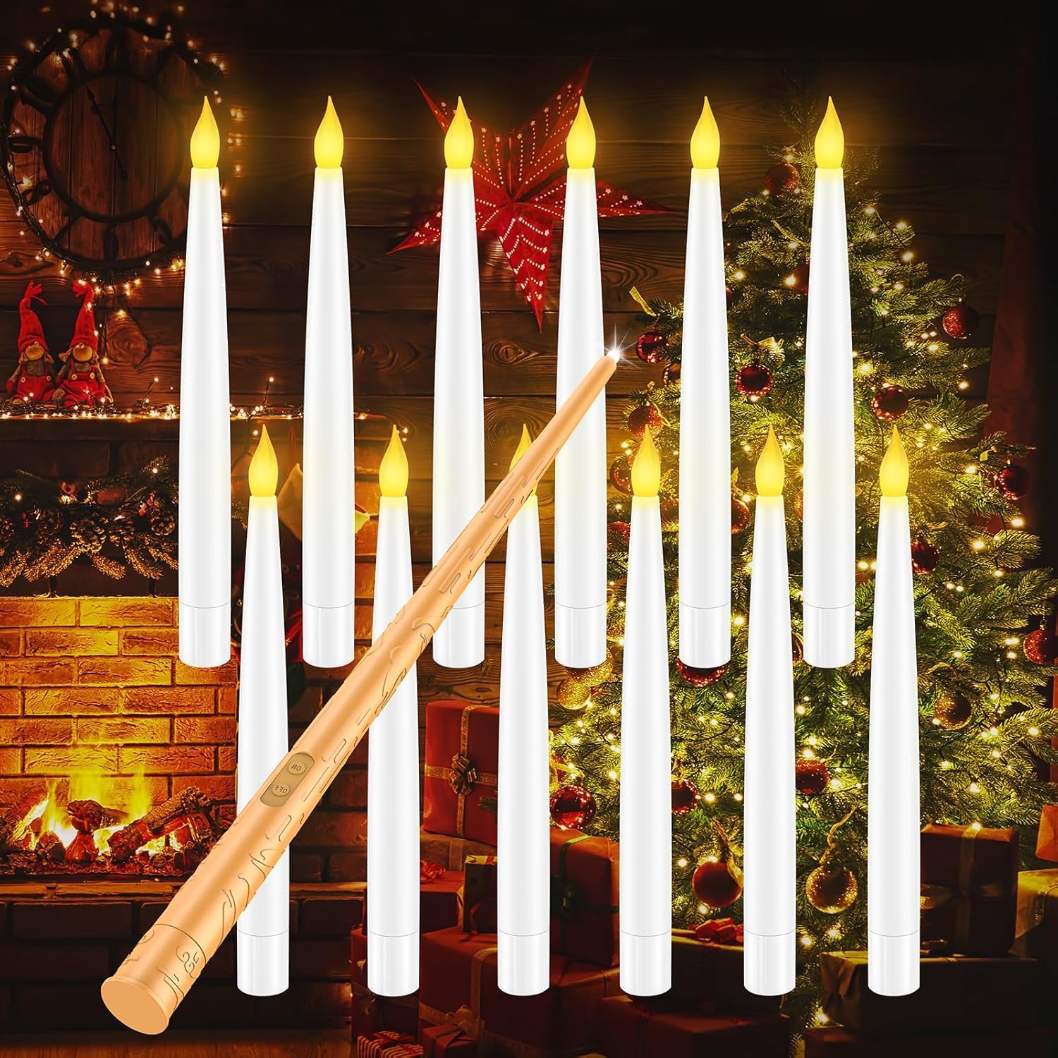 MEDE Flameless Floating Candles with Magic Wand Remote, 12Pcs Flickering Warm Light LED Taper Candles Battery Operated for Halloween Christmas Wedding Birthday Party Decorations