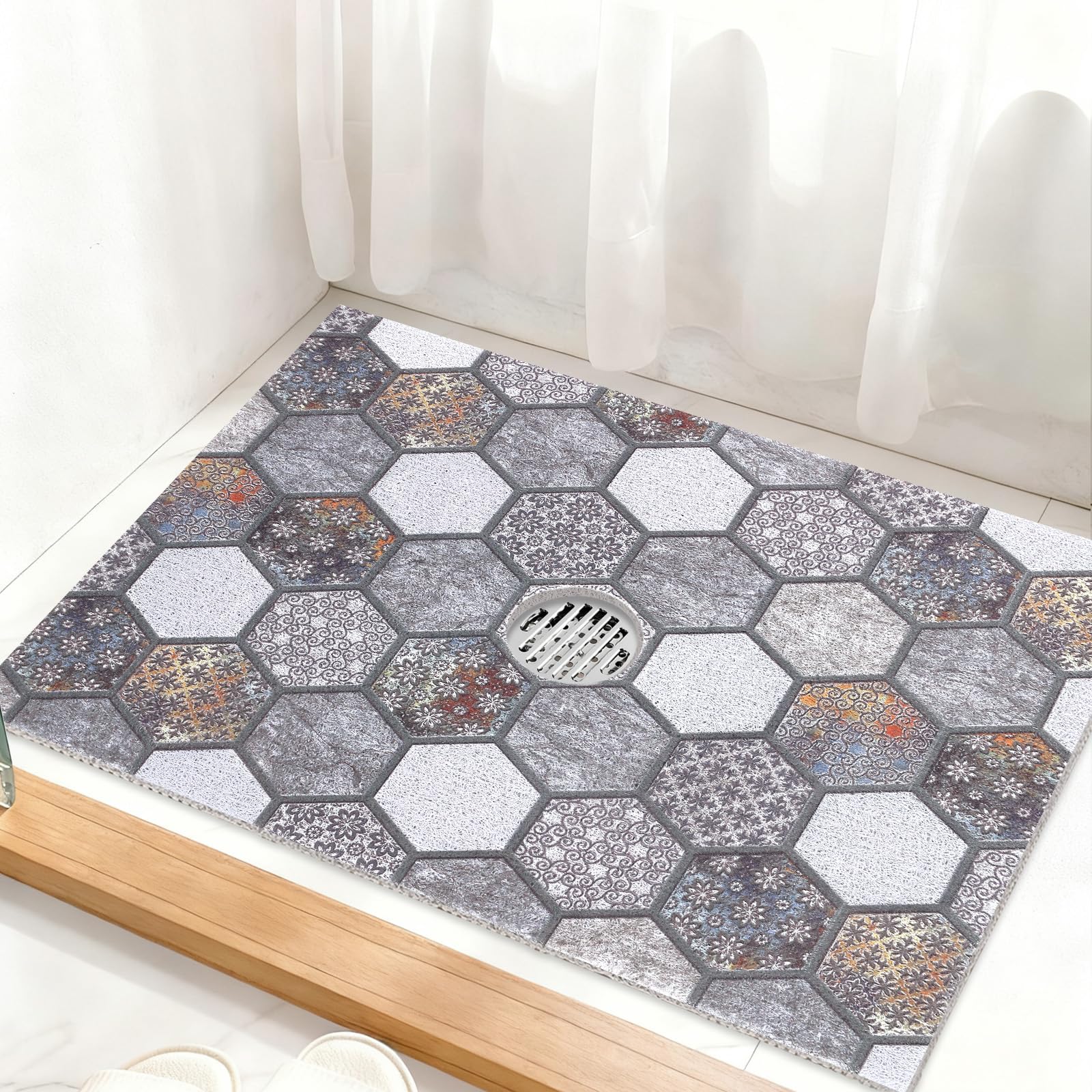 Square Shower Mat Non Slip: 32 x 24 Inch Extra Large Shower Mats with Drain Hole in Middle - PVC Loofah Anti Slip Shower Floor Matt for Inside Shower