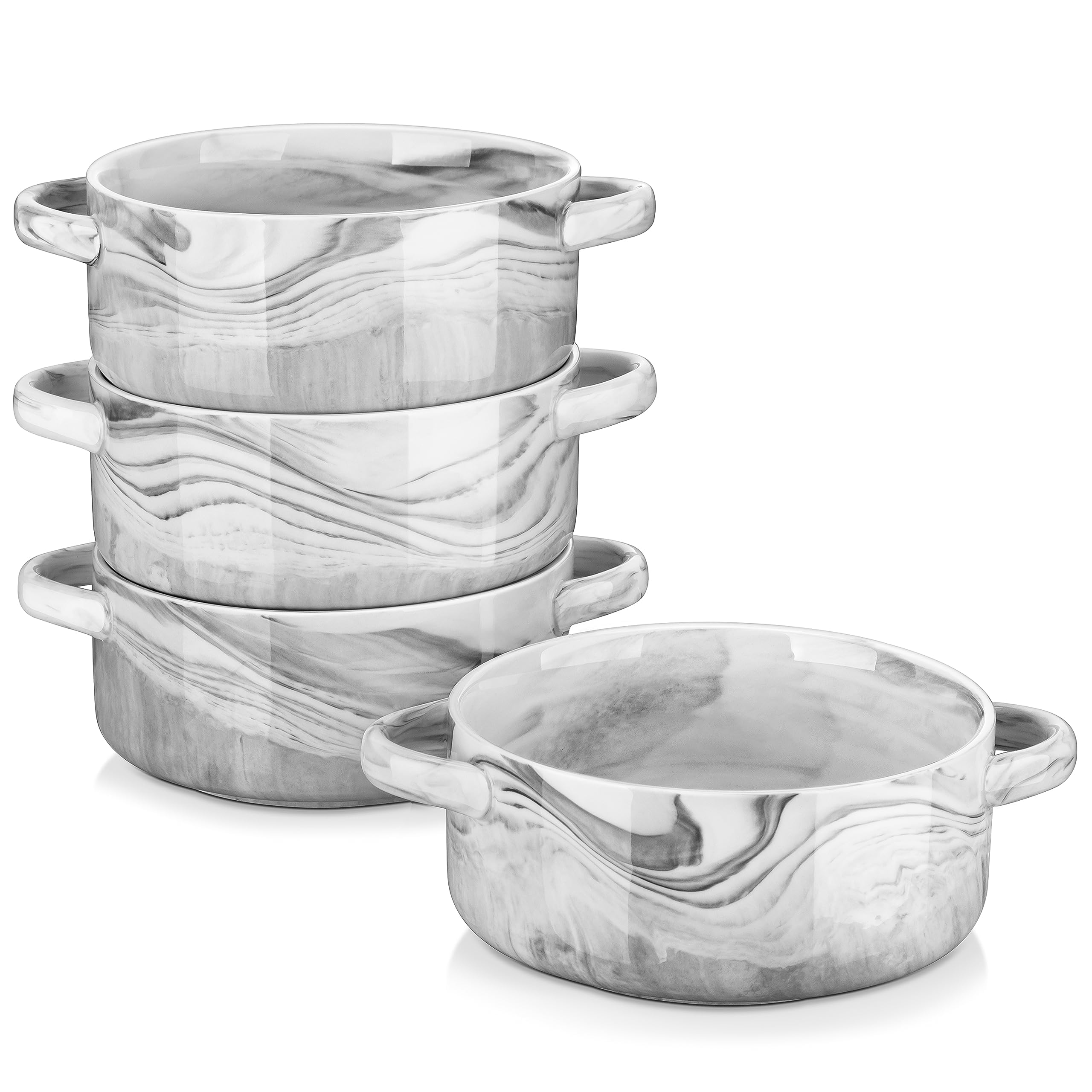 MALACASA Soup Bowls with Handles, 800ML Porcelain Bowls Set of 4, Salad Bowls Serving Bowls Cereal Bowls Dessert Bowls Ramen Rice Bowls, Dishwasher & Microwave Safe, Marble Grey