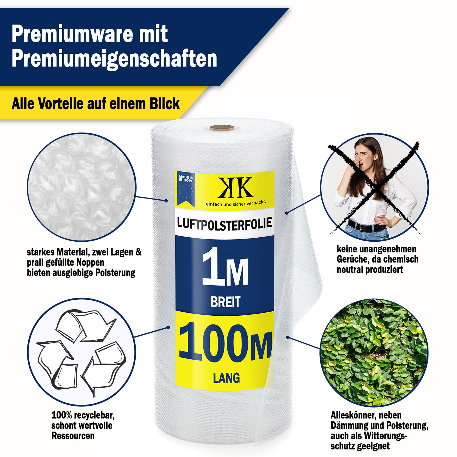 KK Verpackungen 2X Rollen Luftpolsterfolie 100 cm x 100m, Qualität - 50my
