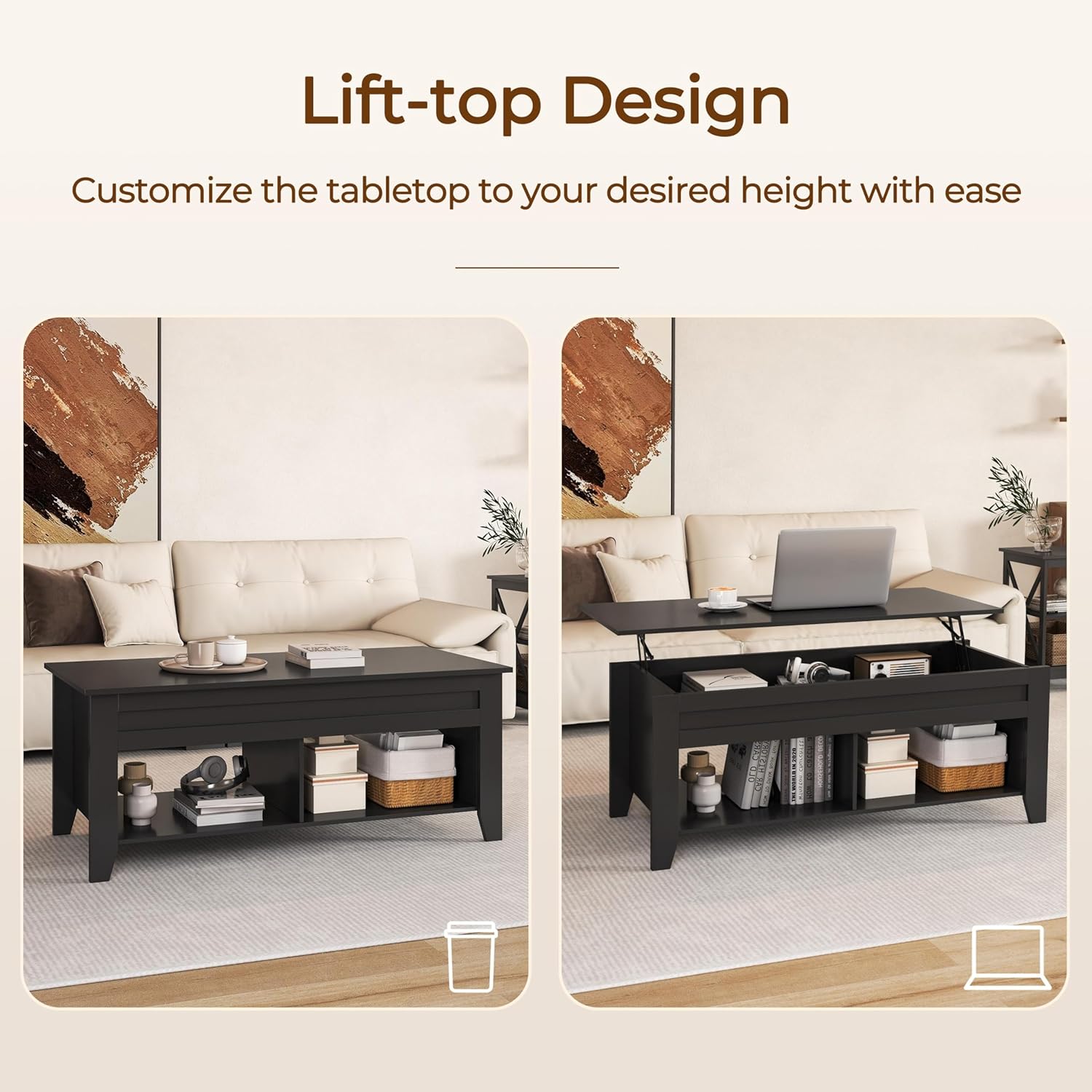 Comparison image showing the coffee table with the top closed and then lifted, highlighting its adjustable height feature.