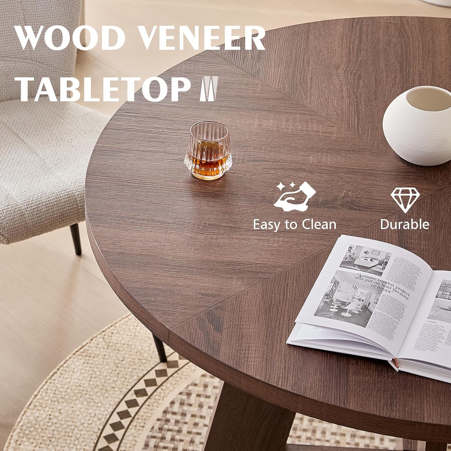 Close-up of the wood veneer tabletop with text 'Easy to Clean' and 'Durable'.