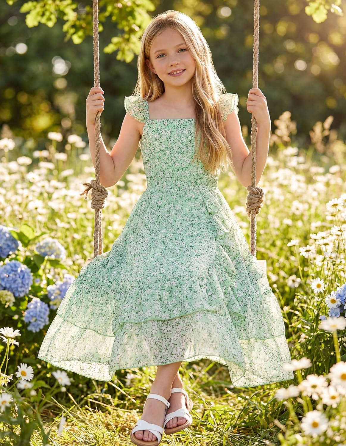 GRACE KARIN Girls Flutter Sleeve Smocked Floral Dresses, Kids Easter Spring Summer Dress, Teen Hawaiian Maxi Long Dresses - Image 4