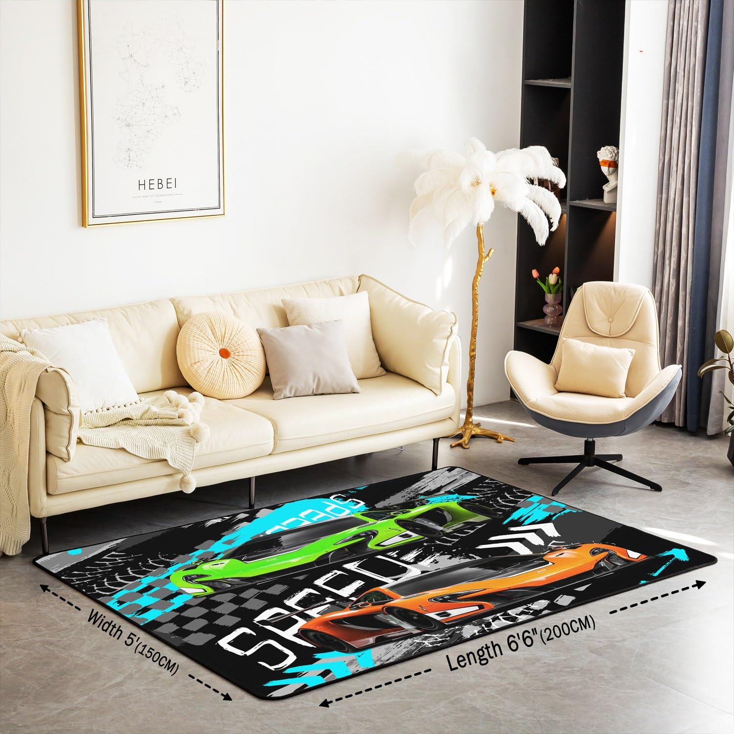 Green Qrange Racing Car Area Rug 3x5 Kids Race car Decorative Carpet for Boys Girls Teens Speed Sports Car Living Room Rugs Extreme Sports Indoor Floo