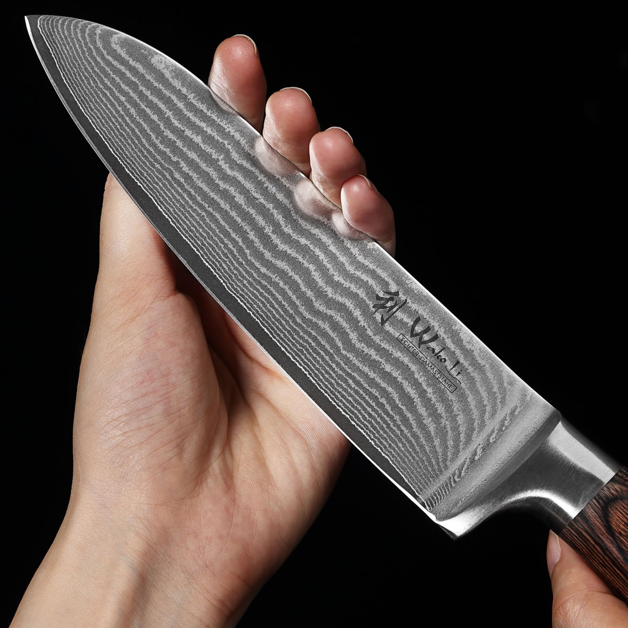 WAKOLI EDIB juego de cuchillos de cocina de 5 piezas con bloque magnético, acero de damasco con núcleo VG10, hojas de 8,5 a 20 cm, chef, Santoku, carne, Santoku pequeño y cuchillo de oficio