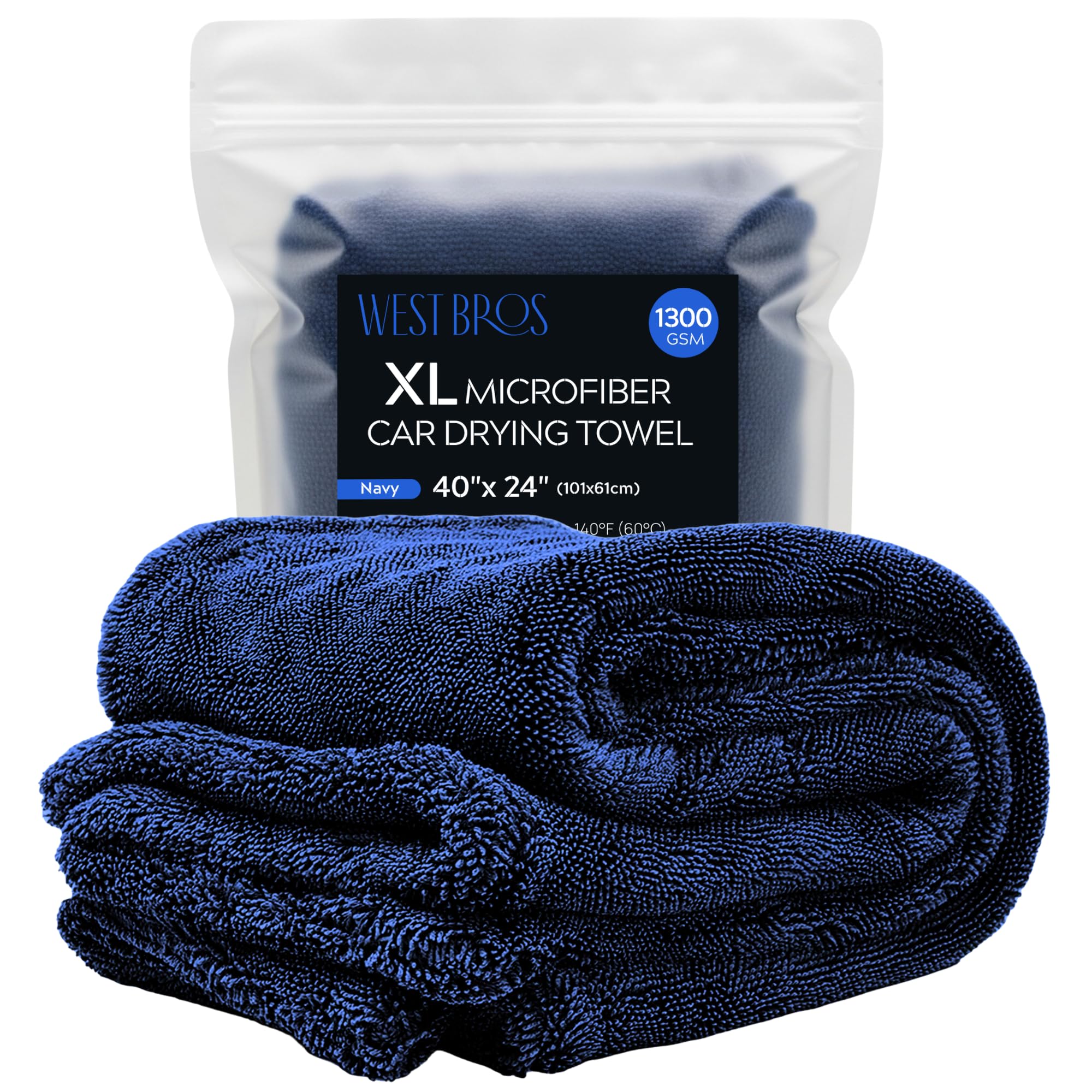 WEST BROS Microfiber Car Drying Towel 1300 GSM Double Twist Pile – Premium Extra Large Auto Wash Towel for Cars Trucks SUV - Super Absorbent Detailing Cleaning Cloth XL 102 x 61 CM, 1-Pack (Navy)
