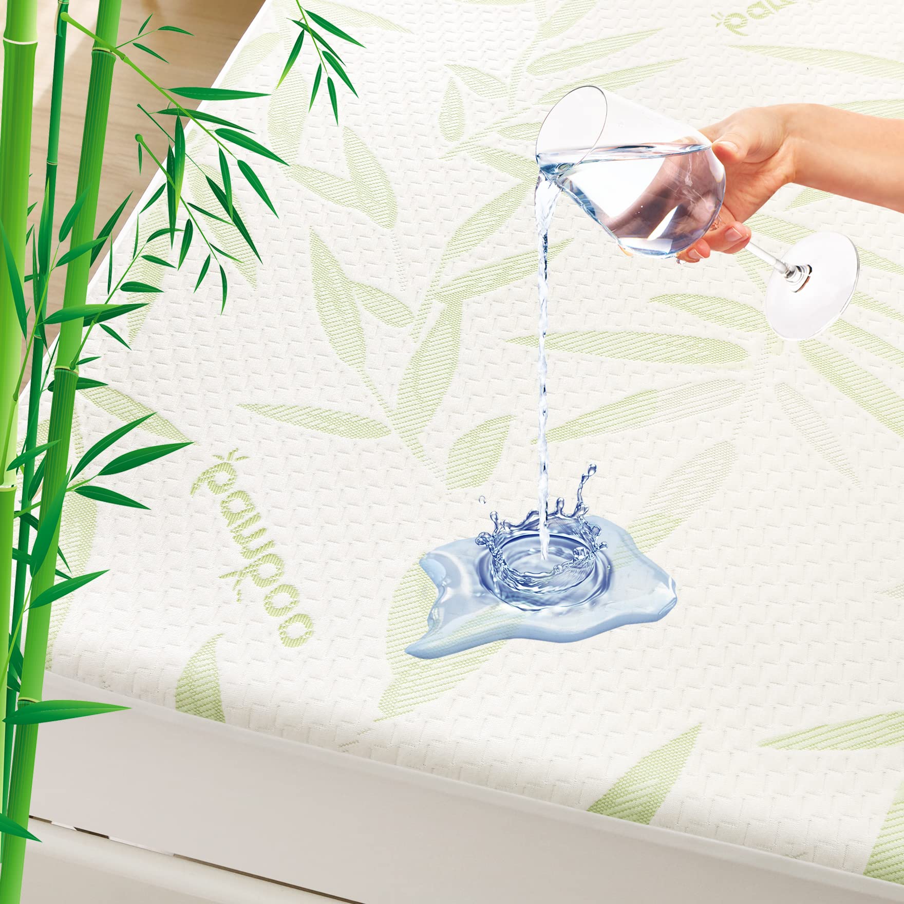 King Bamboo Waterproof Mattress Pad Cover, Soft Breathable Cooling Mattress Pad Cover, Waterproof Mattress Protector Stretches up to 21” Deep Pocket Tightly Fitted Mattress Protection