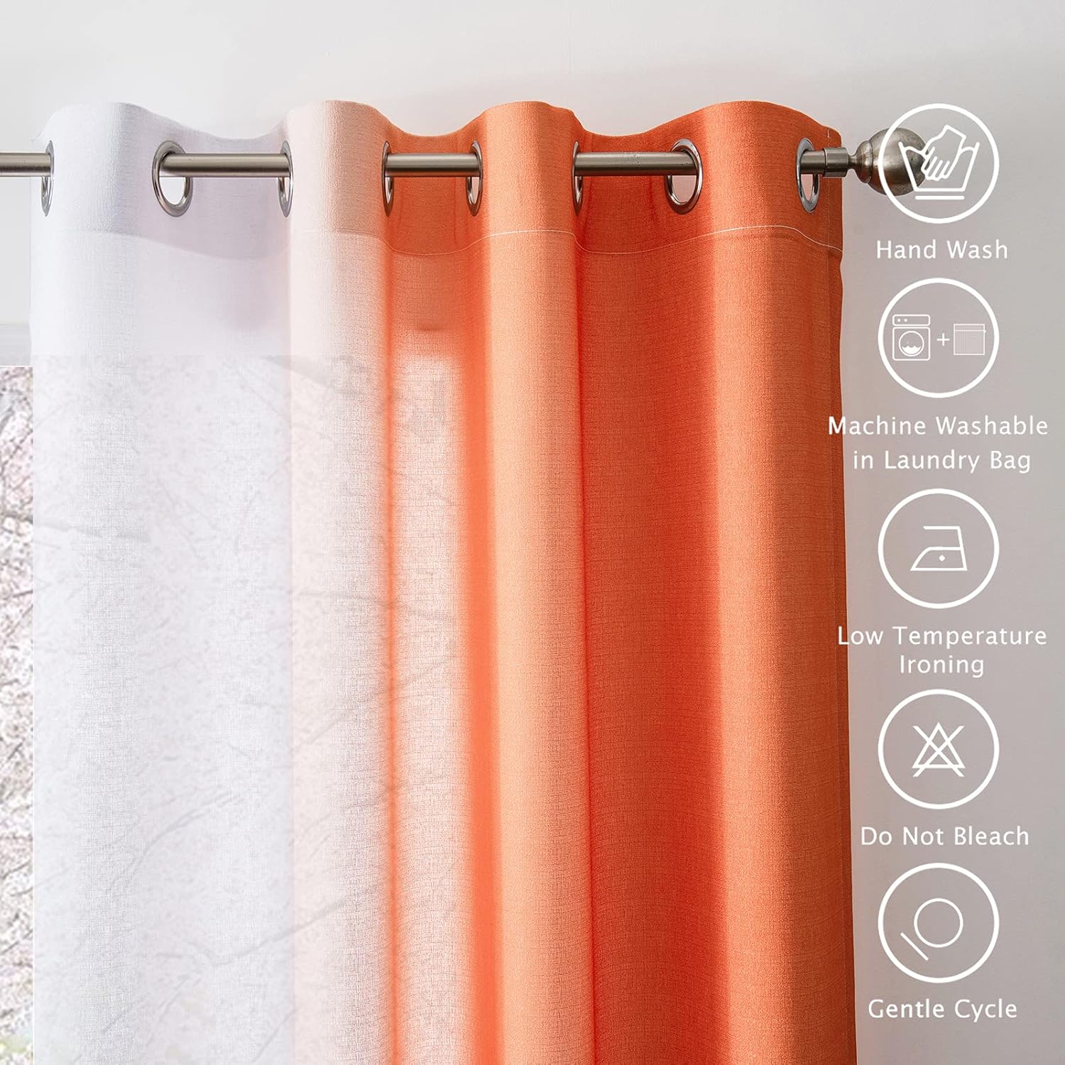 Melodieux Linen Ombre Semi Sheer Curtains 96 Inches Long for Living Room, Orange White Horizontal Gradient Grommet Voile Drapes, 52 x 96 Inch, 2 Panels