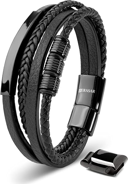 SERASAR - Bracciale da uomo in pelle di alta qualità, con chiusura magnetica in acciaio inox, nero, argento e oro, con scatola per gioielli, ottima idea regalo - 1
