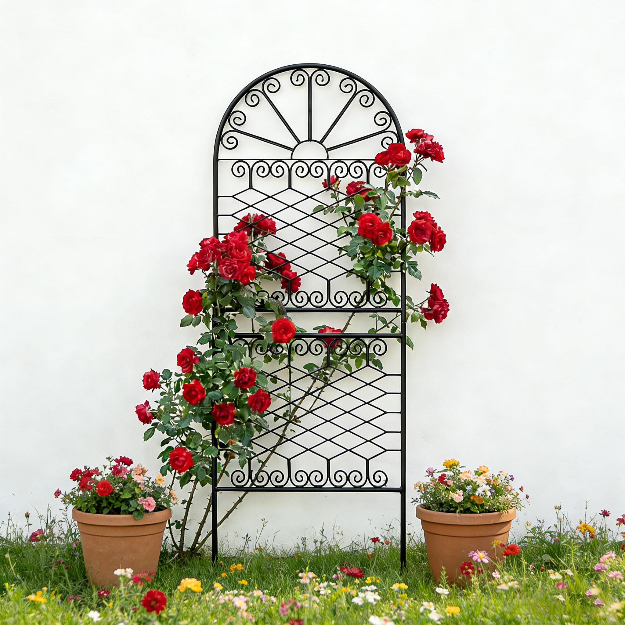 Metall Rankhilfe 150x56 cm, dekoratives Eisen Rankgitter mit Sonnendesign & Rautenmuster, wetterfestes Rankgerüst für Kletterpflanzen, Rosen, Clematis, geeignet für Garten, Balkon