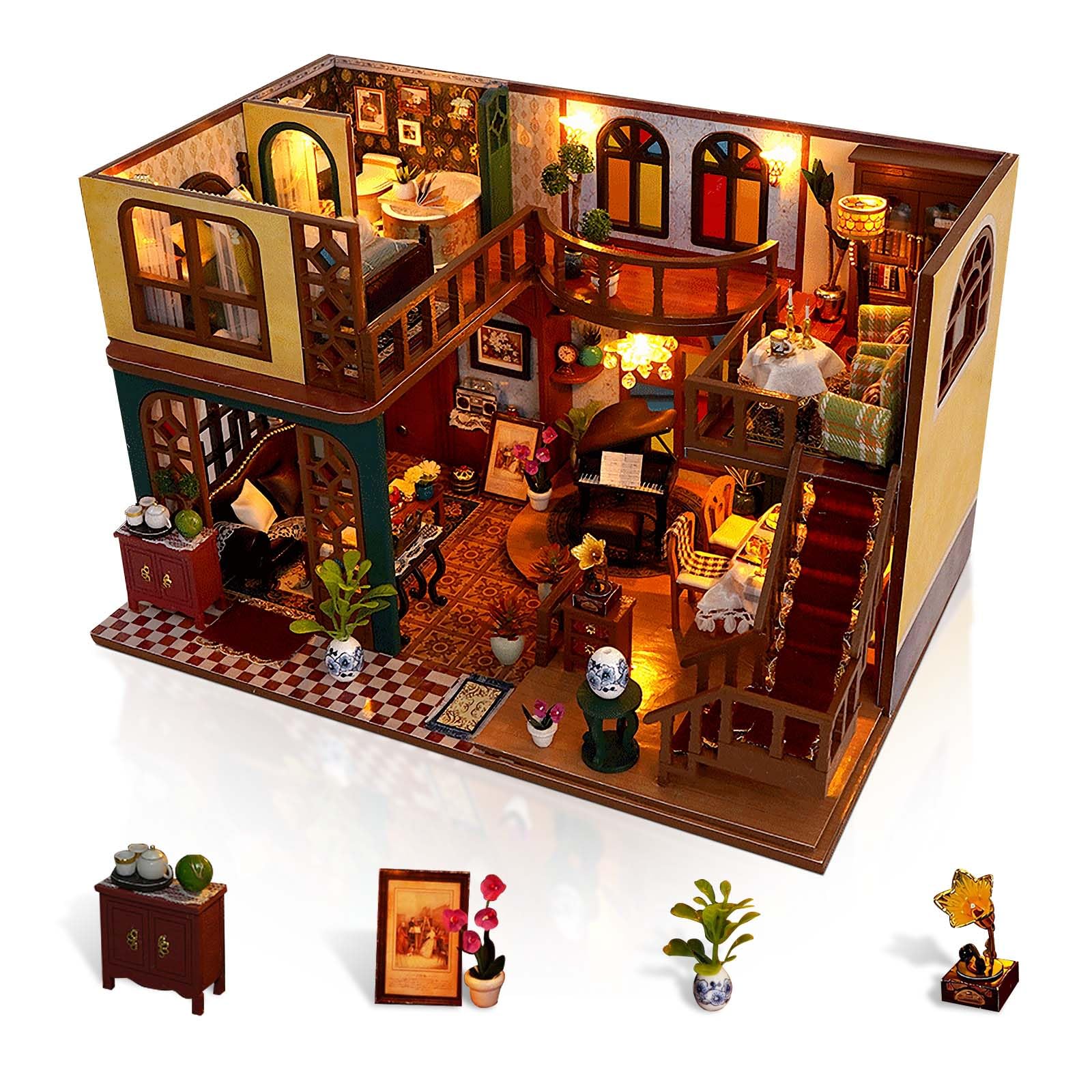 Foyucool DIY Miniature House Kits, Tiny House Kit, Doll House Kits for Adults to Building, Unique Gift for Birthday Father's Day, Retro Loft