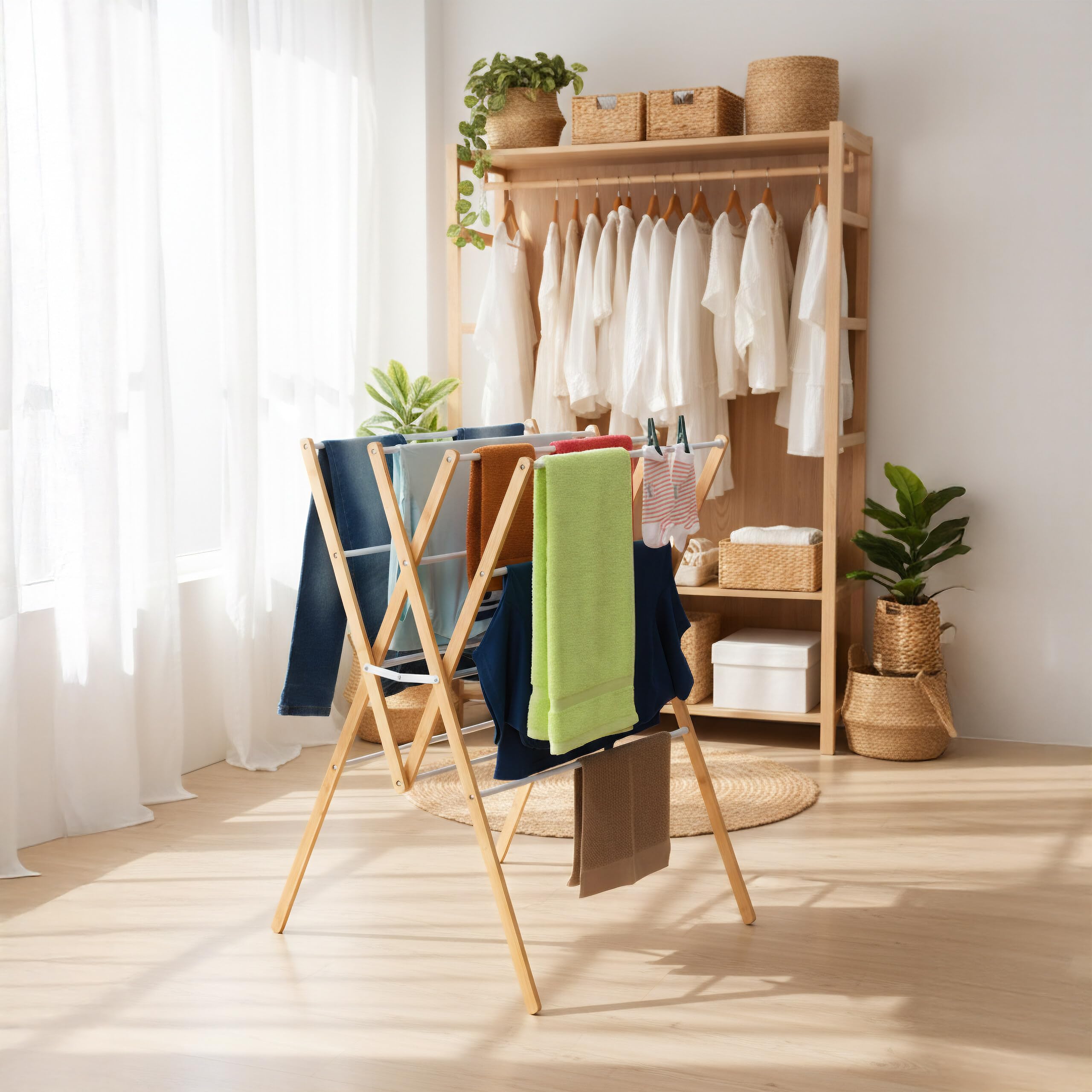 Relaxdays Stendibiancheria Pieghevole, Stendino Verticale a Torre, 12 Aste, HLP: 93 x 70 x 62 cm, bambù e Ferro, Bianco