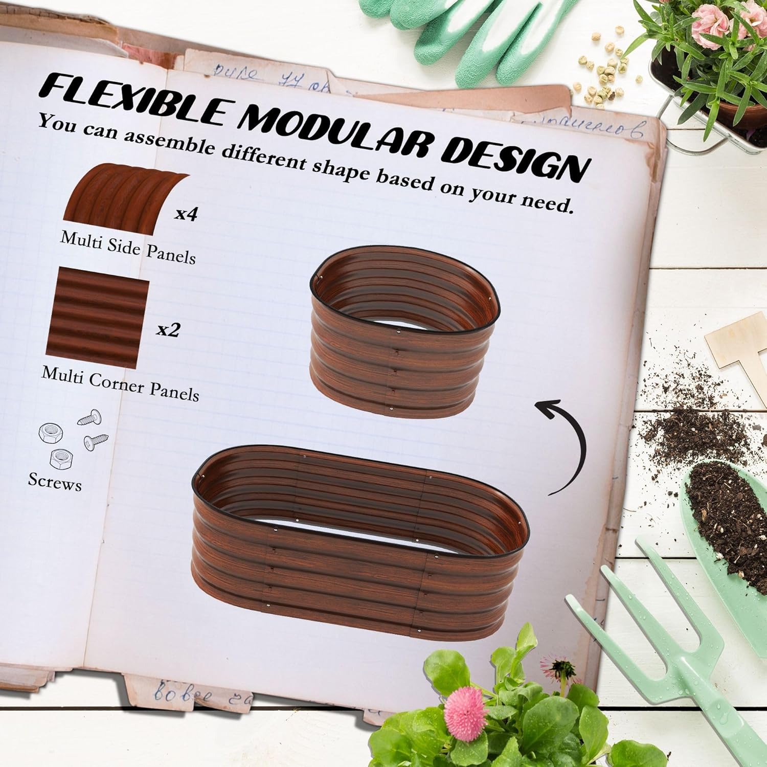 3.4 feet Vegetable Garden Bed Kit Galvanized with Safety Edging Rust-Resistant Durable Brown Color Easy Assembly Features