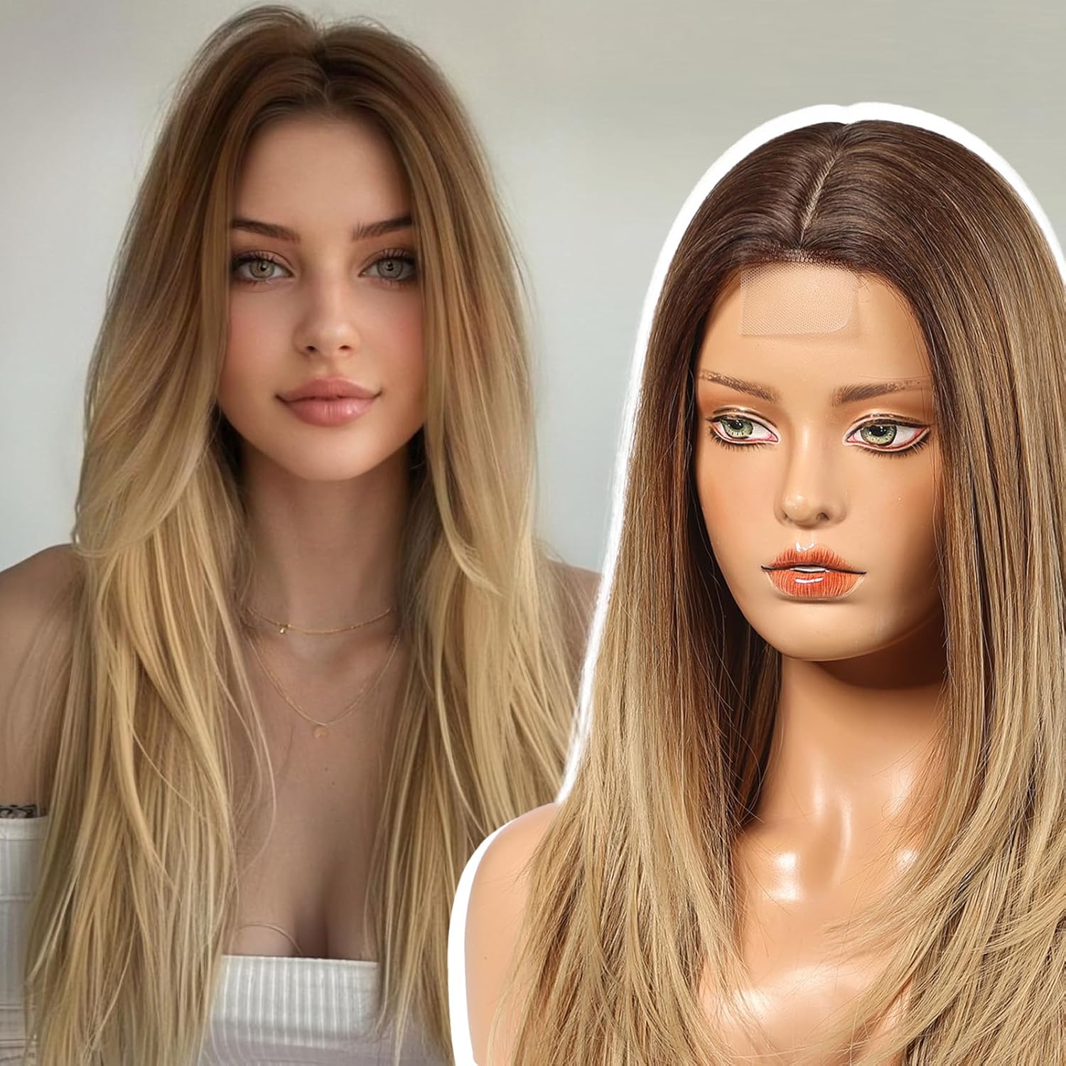 EMMOR Long Layered Wigs,Natural Central Lace Bob, Premium Heat-Resistant Synthetic Straight Wigs for Women Daily Use(Ombre Blonde)