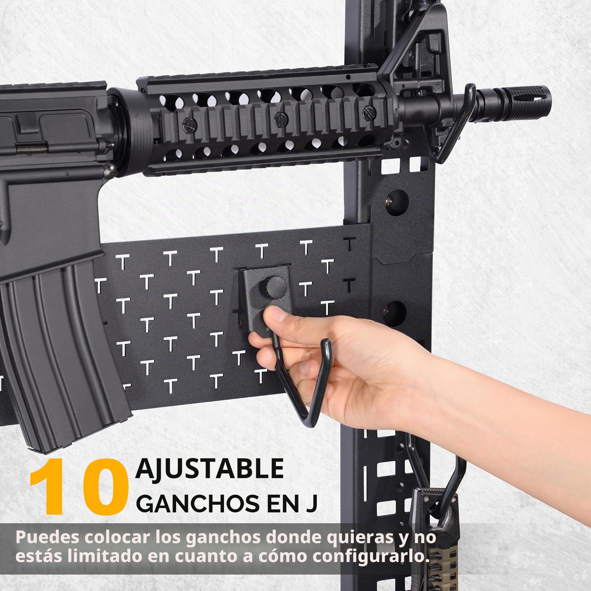 BOOSTEADY Soporte para Armas de Pared Modular con 10 Ganchos J: Accesorios Caza Soporte de Pared para Fusiles Rifles y Escopetas Hasta 120 lbs, Organizador de Armas de Pared con Estante, 31,8 x 22