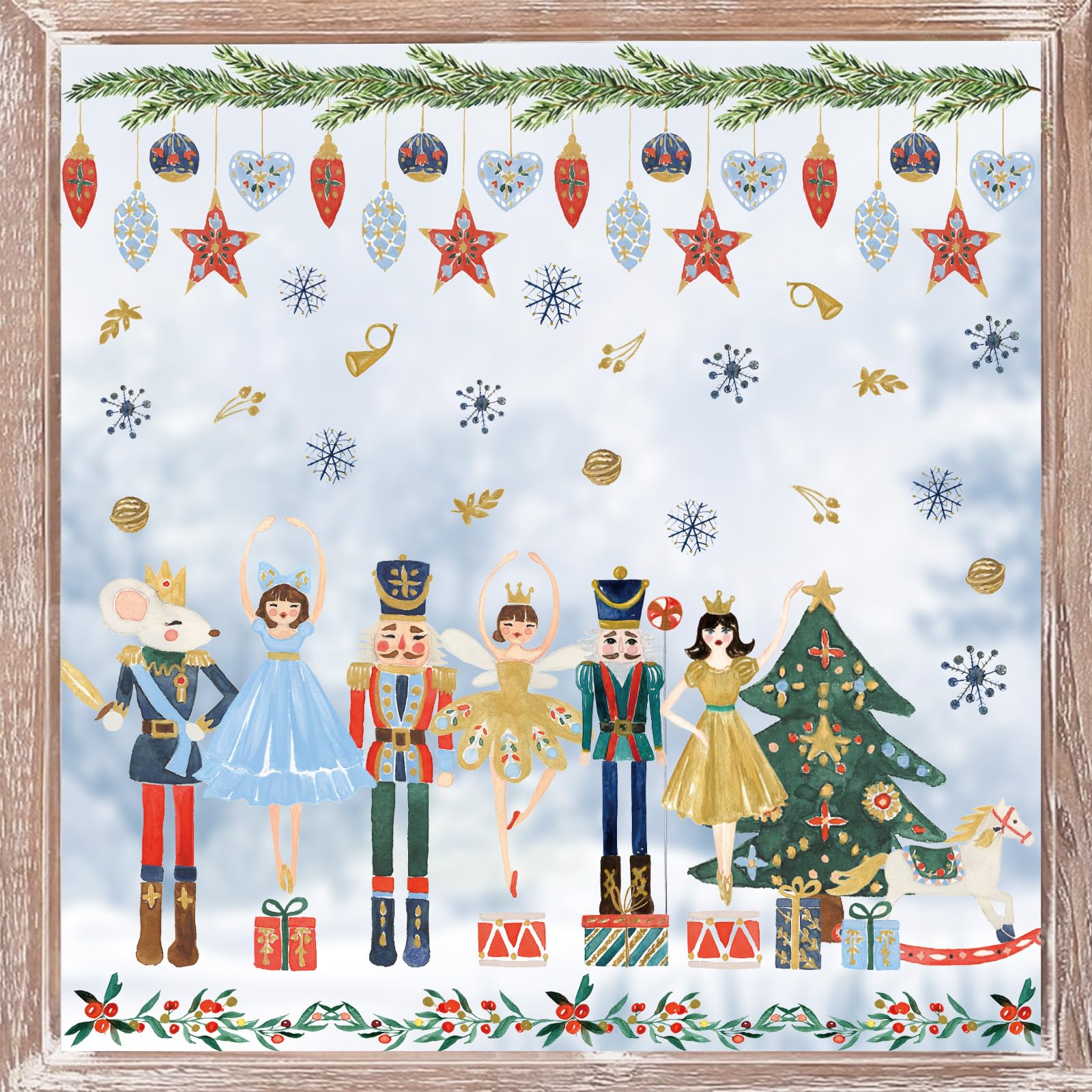 JarThenaAMCS 72Pcs Nutcracker Window Cling Stickers Christmas Watercolor Nutcracker Double-Sided Reusable Window Decals for Xmas Winter Party Home Office Classroom Decor, 4 Sheets