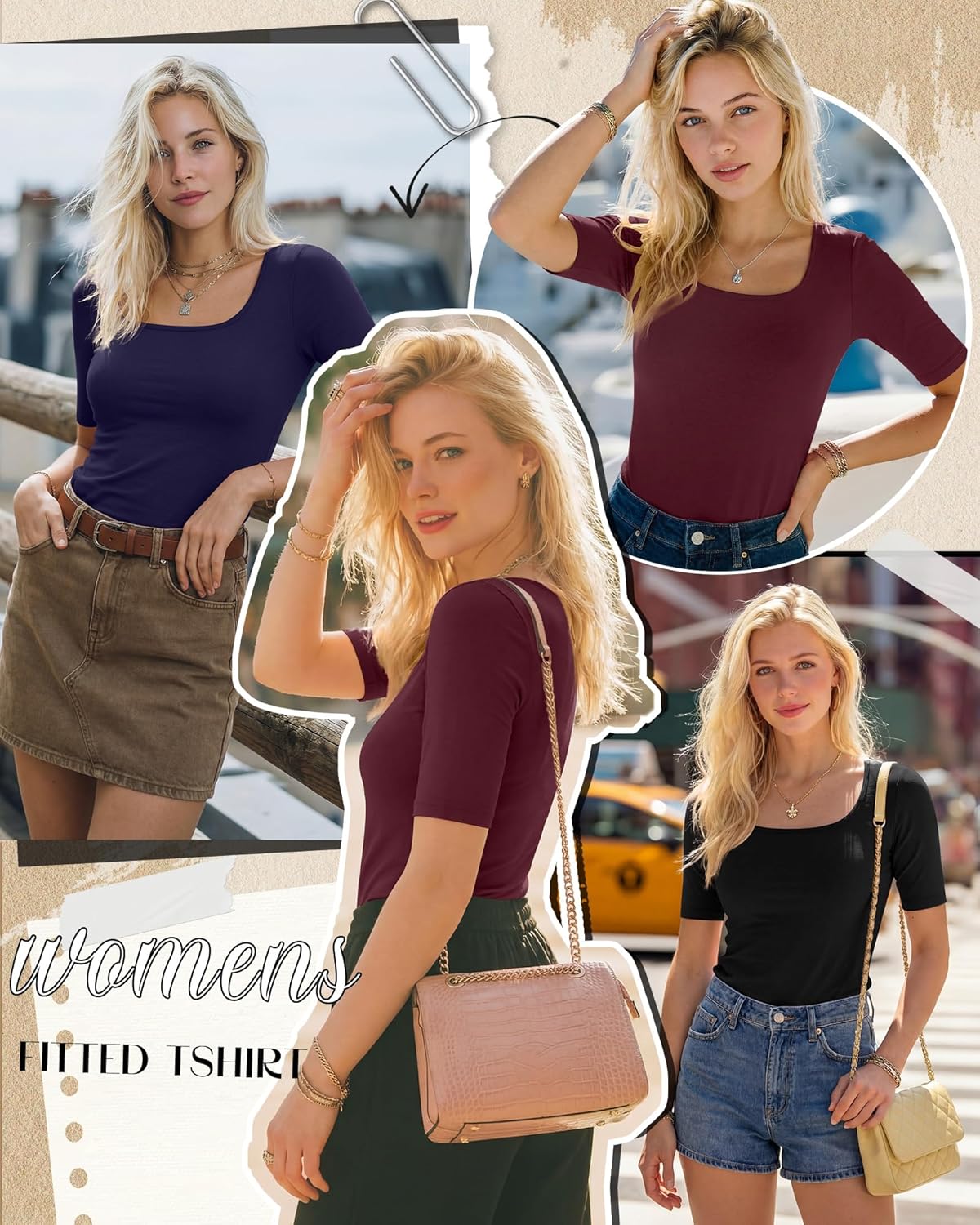3 Pack Women's Half Sleeve Tops Square Neck Slim Fitted Stretchy T Shirts Elbow Tight Casual Basic Tees Clothing