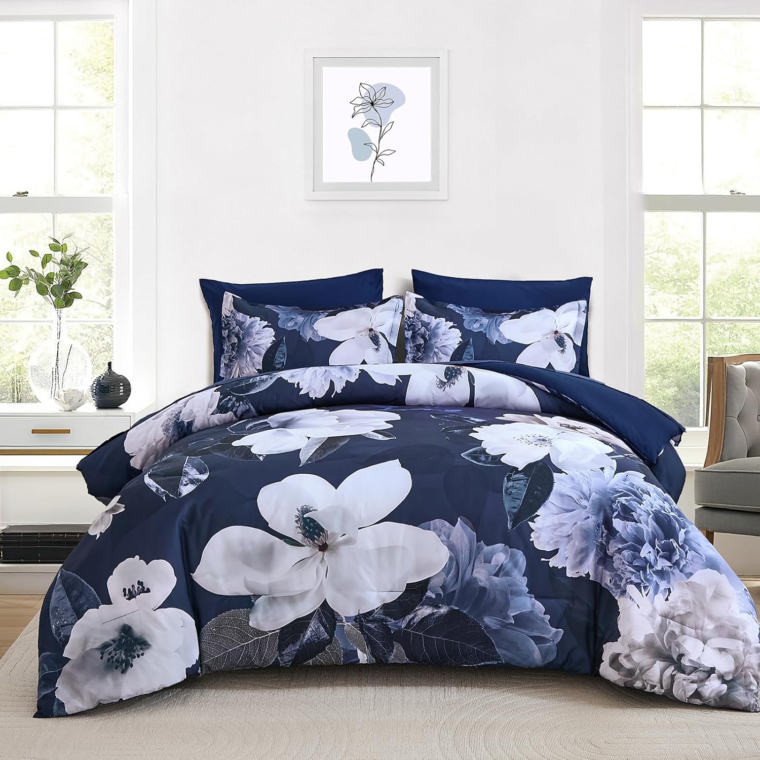 Mybedsoul King Size Comforter Set 7 Pieces, Bed in a Bag Soft Microfiber Bedding, Luxury Navy Floral Elegant Design, All Seasons Comforter Bed Set with Sheets, Pillowcases & Shams
