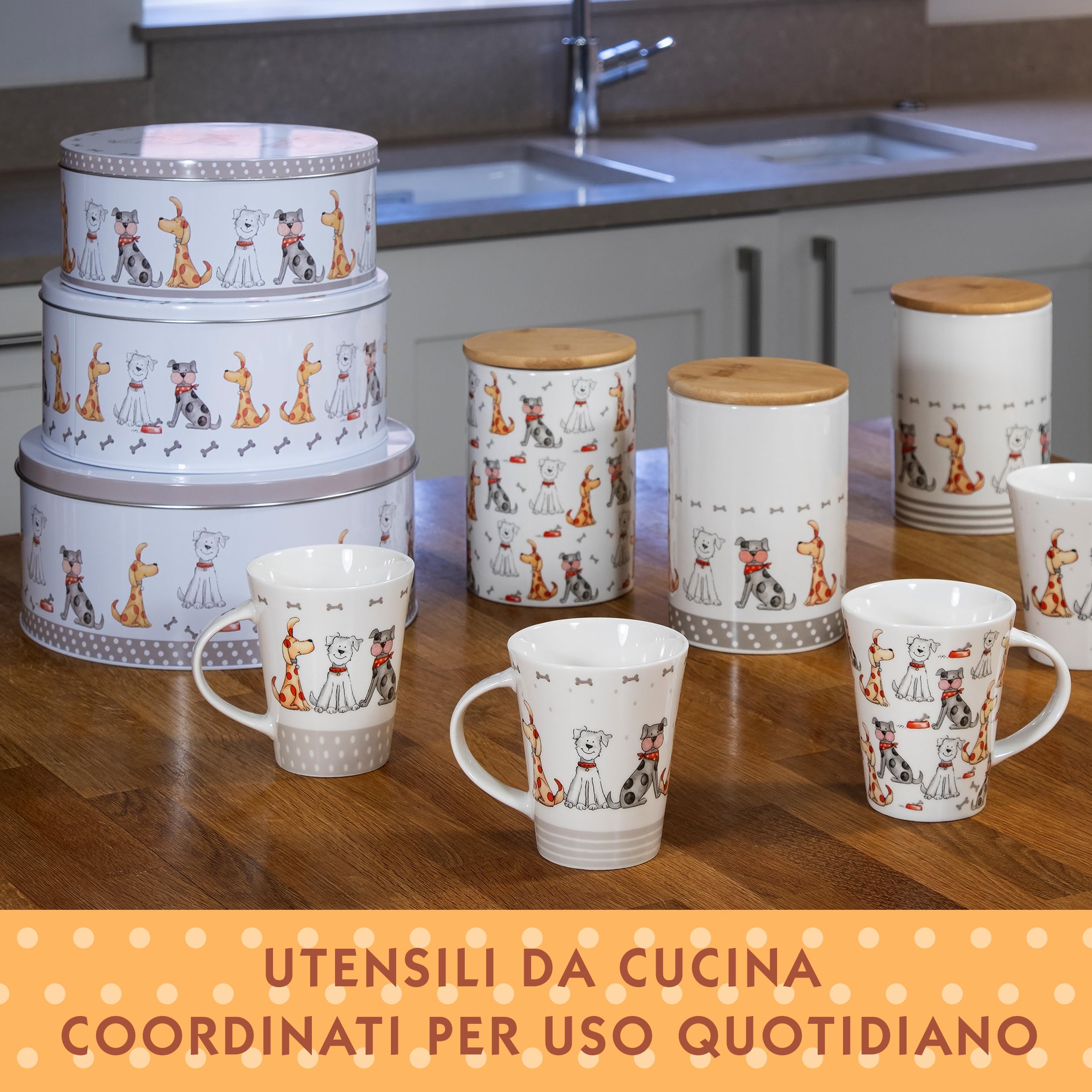 SPOTTED DOG GIFT COMPANY Set di 3 Scatole di Latta, Contenitori Impilabili per Biscotti in Metallo, Barattoli di Latta Rotondi Ermetici per Conservare Torte e Alimenti, Piccoli Medi Grandi - Cani