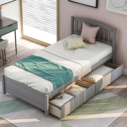 Harper & Bright Designs Cama de plataforma con 2 cajones de almacenamiento, marco de cama de madera maciza tamaño individual con cabecero, cama de