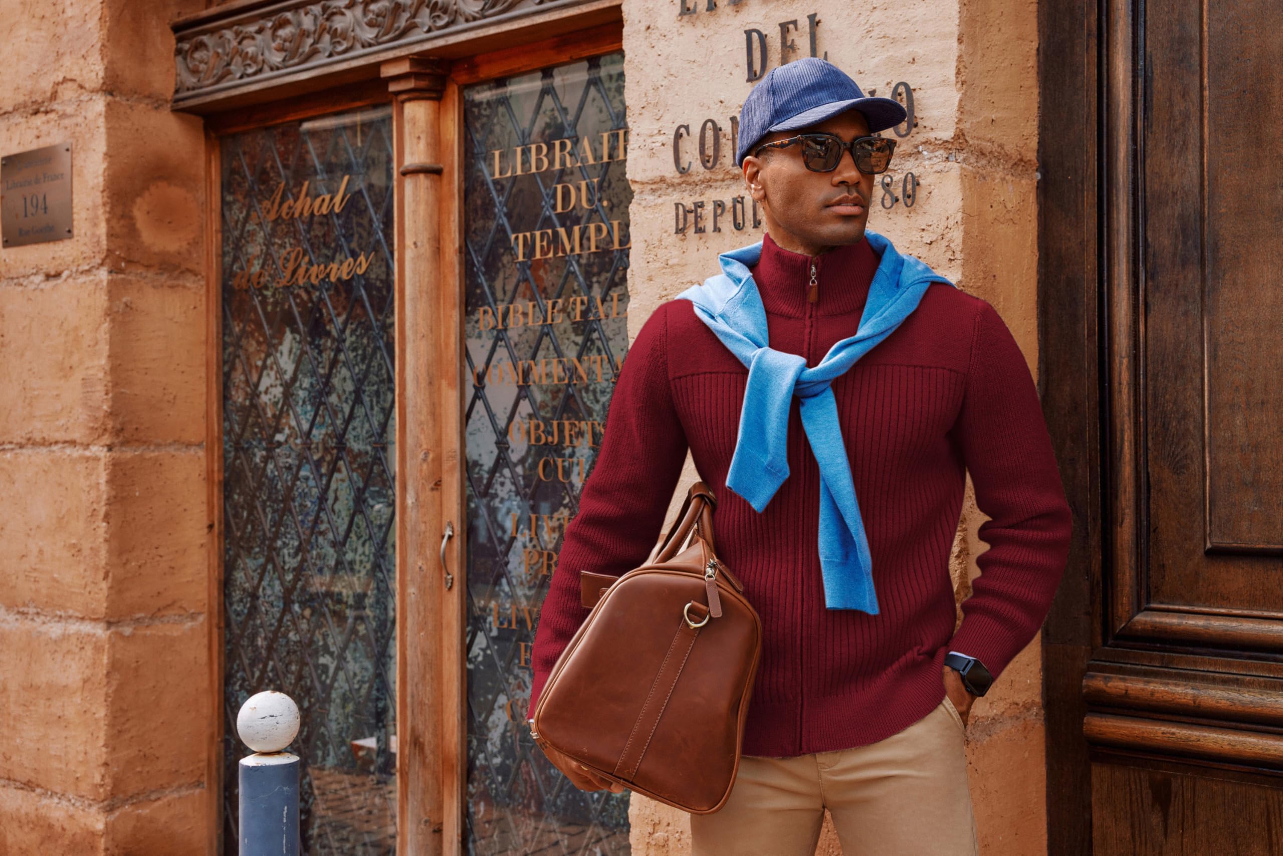 PJ PAUL JONES Cárdigan de punto acanalado con cremallera completa para hombre